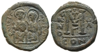 Justin II, with Sophia AE 40 Nummi or Follis. Justin II, with Sophia AE 40 Nummi or Follis.