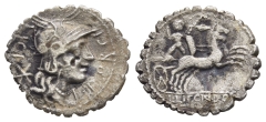 L. Porcius Licinus AR Serrate Denarius. L. Porcius Licinus AR Serrate Denarius.