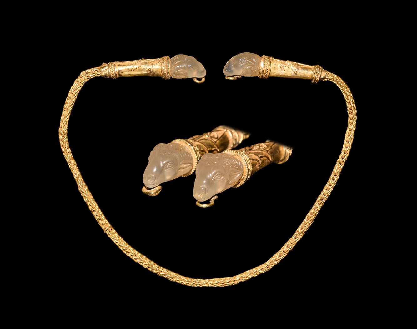 Greek Gold Chain with Chalcedony Ram's Head Terminals