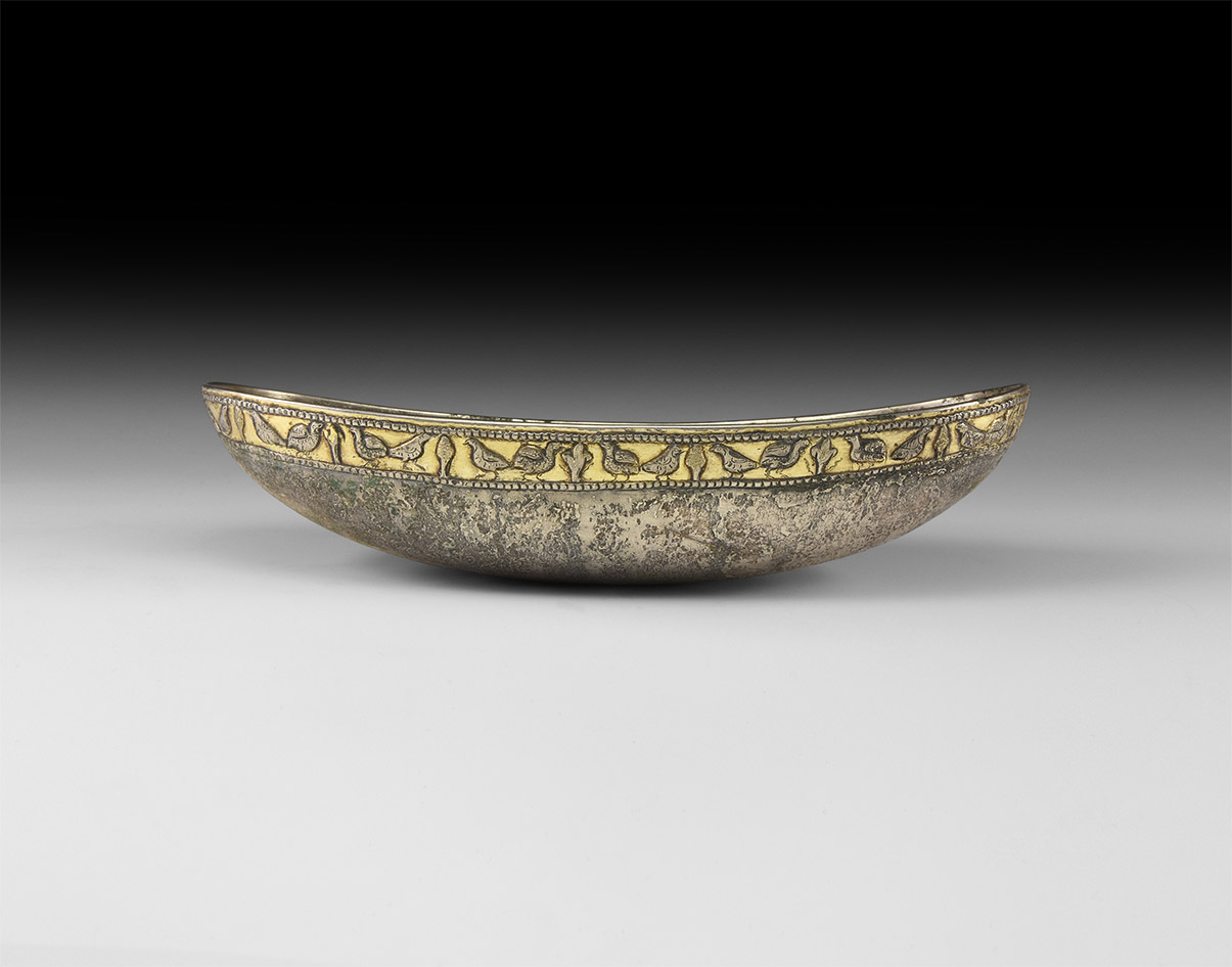 Western Asiatic Sassanian Gilt Silver Boat-Shaped Bowl with Birds