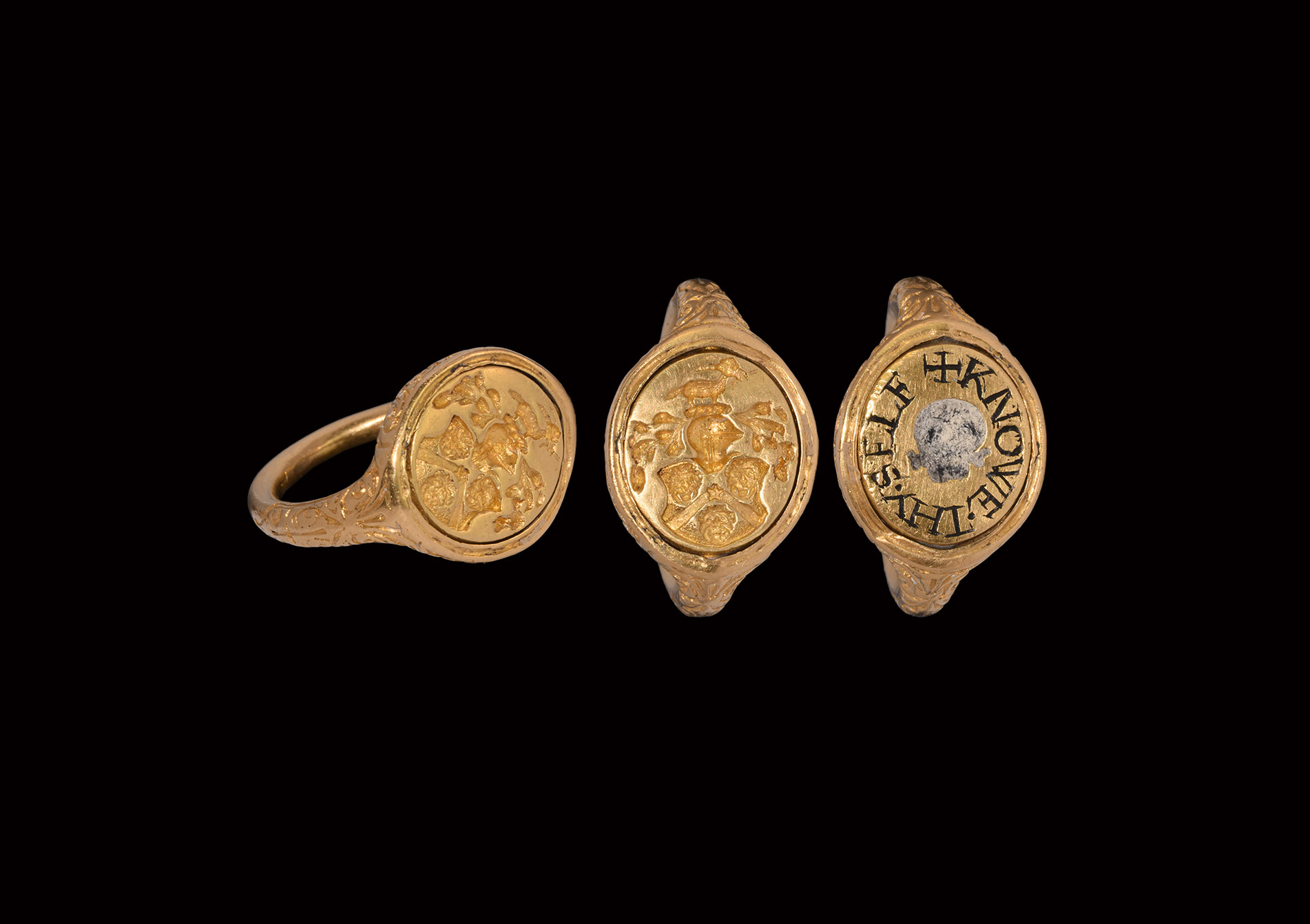 Tudor Earl of Macclesfield Gold 'Memento Mori' Heraldic Swivel Ring