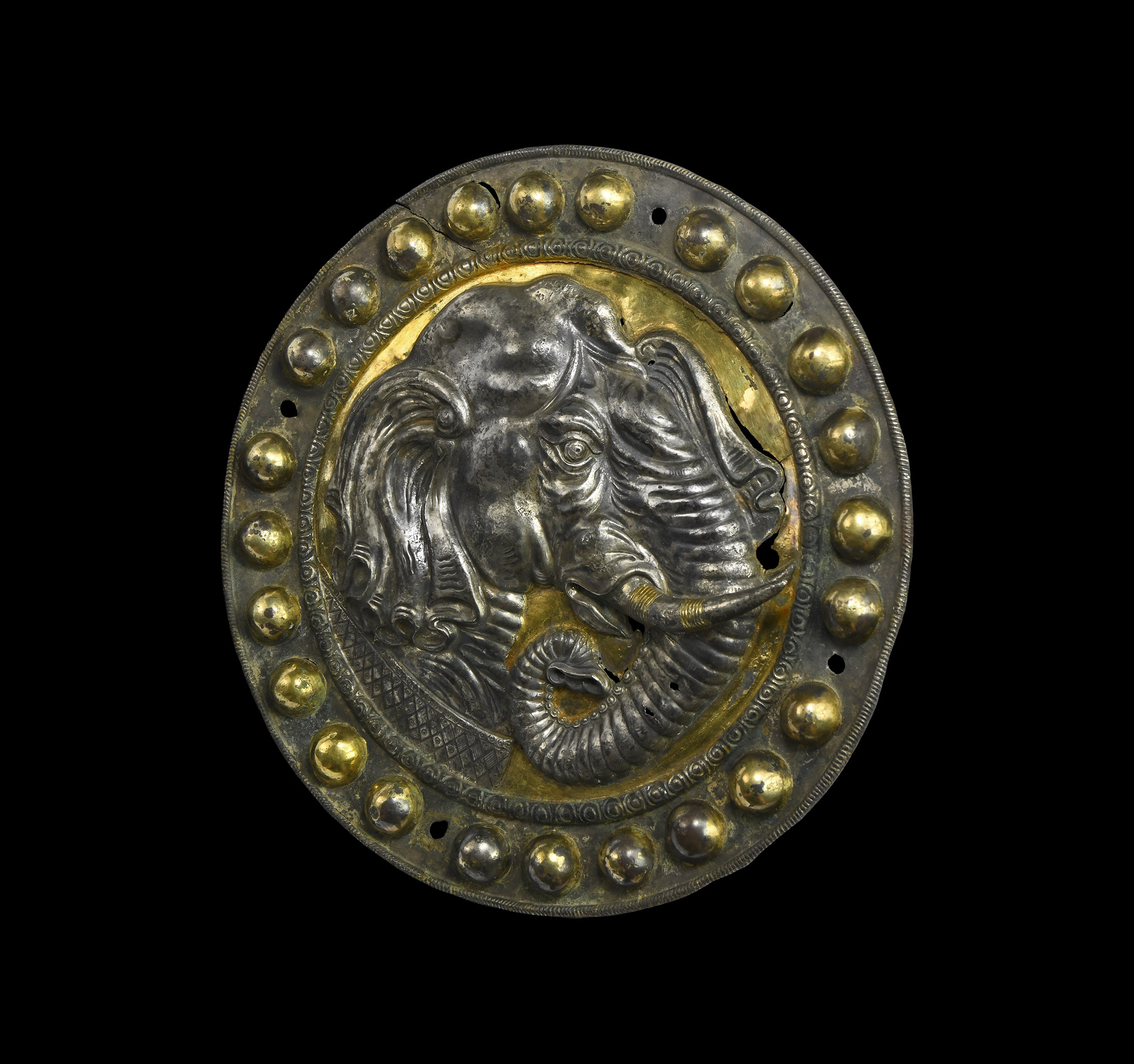 Large Western Asiatic Sogdian Gilt Silver Plaque with Elephant