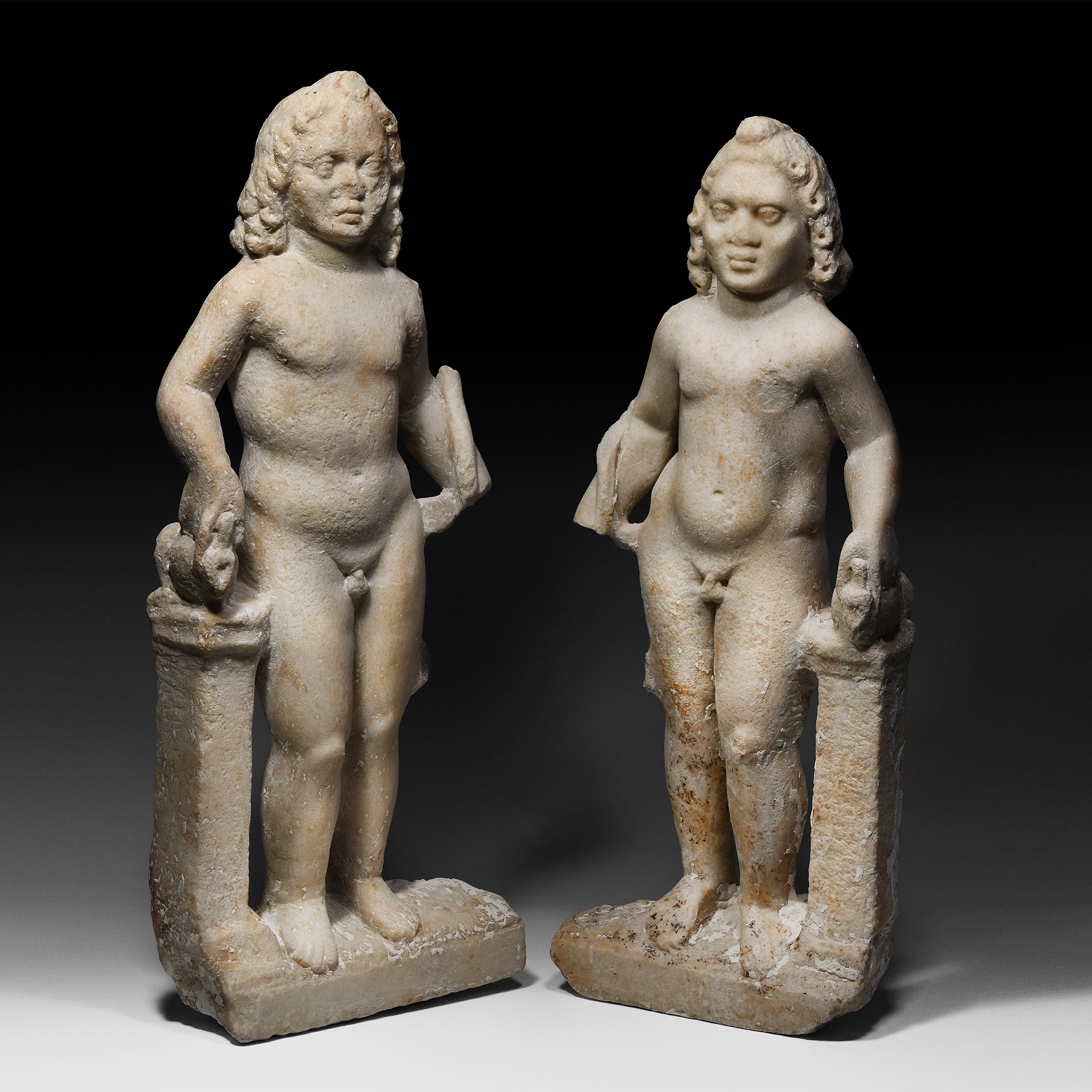 Roman Marble Harpocrates Statue Pair