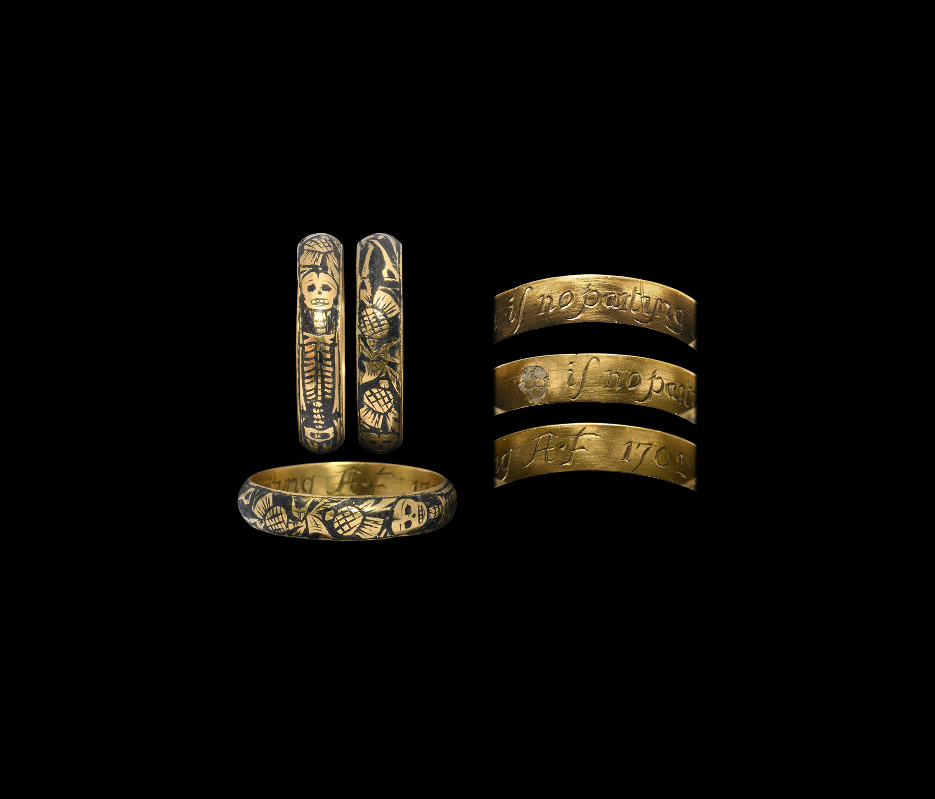 Queen Anne Gold '(Death) is no Partyng' Memento Mori Ring with Skull and Skeleton