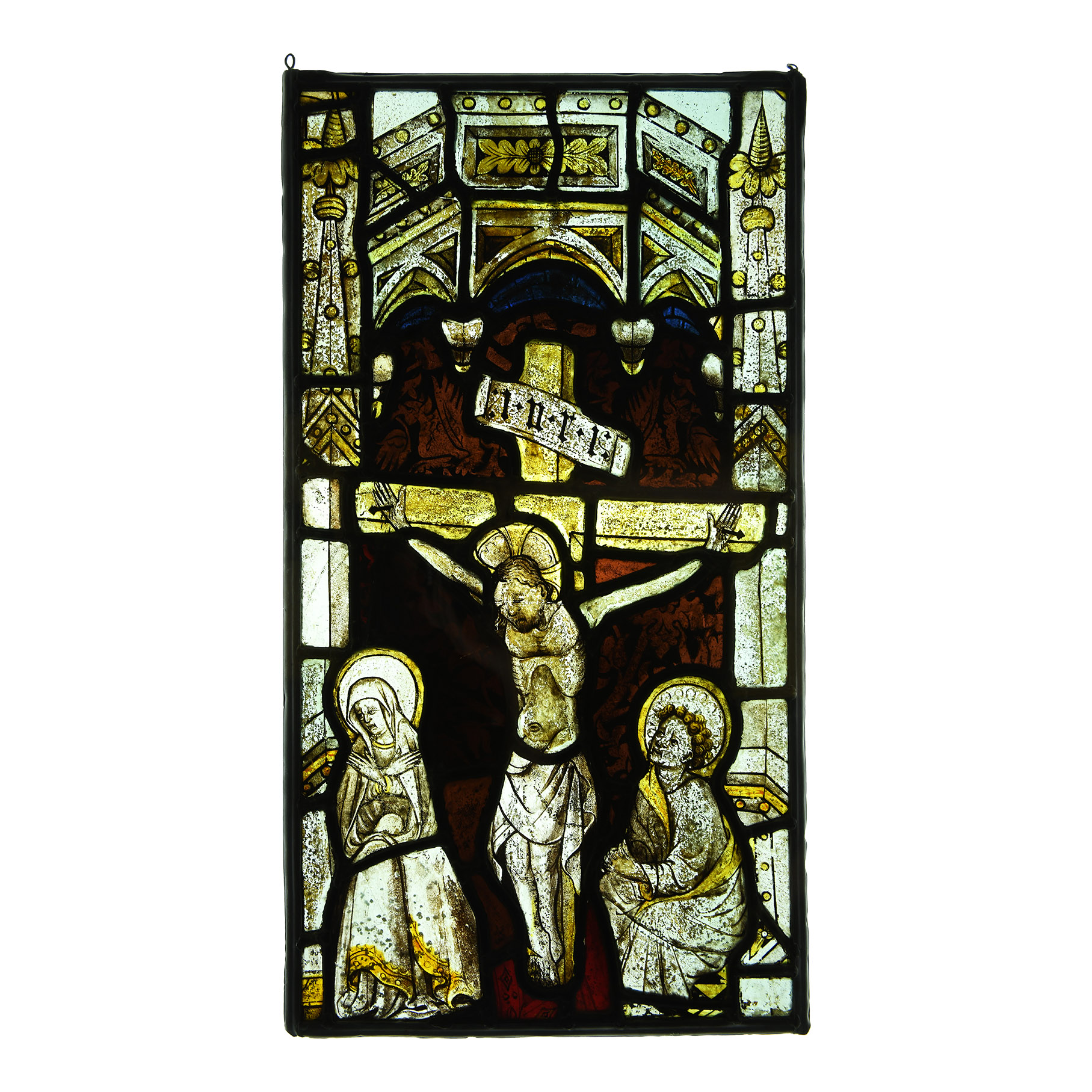 Medieval Stained Glass Panel with the Crucifixion, Virgin and Saint Paul