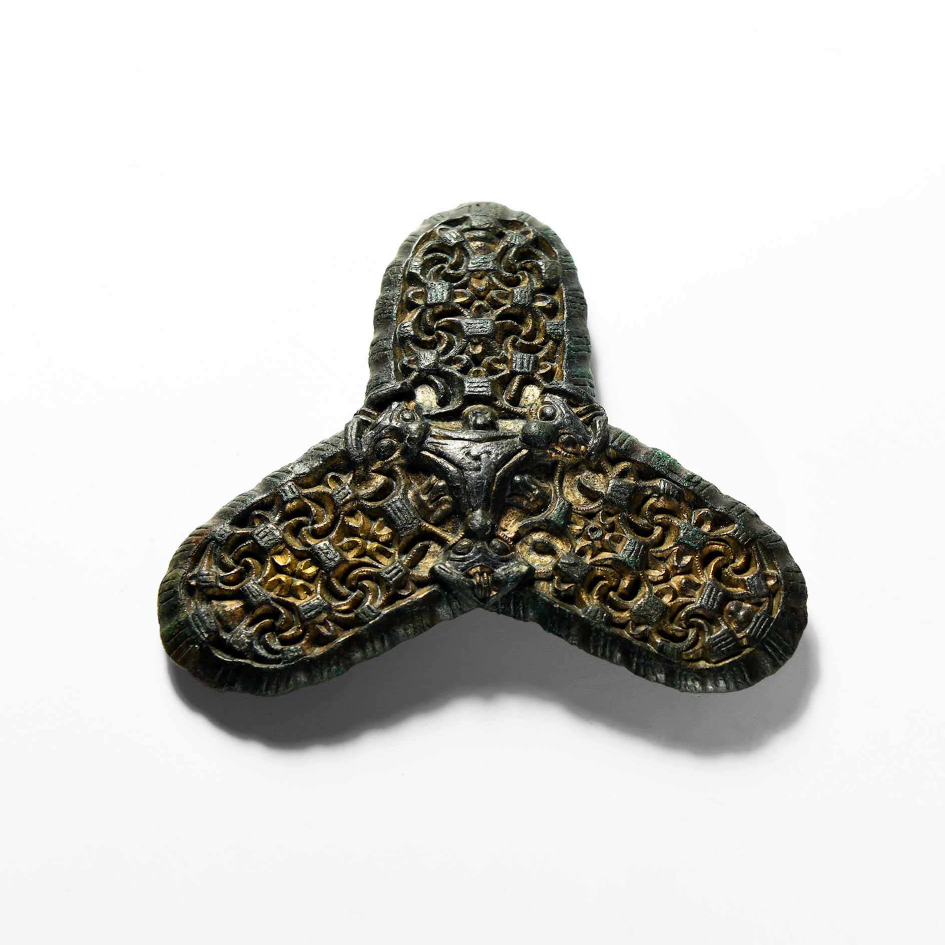 Scandinavian Viking Gilt Borre Style Trefoil Brooch with Animal Masks