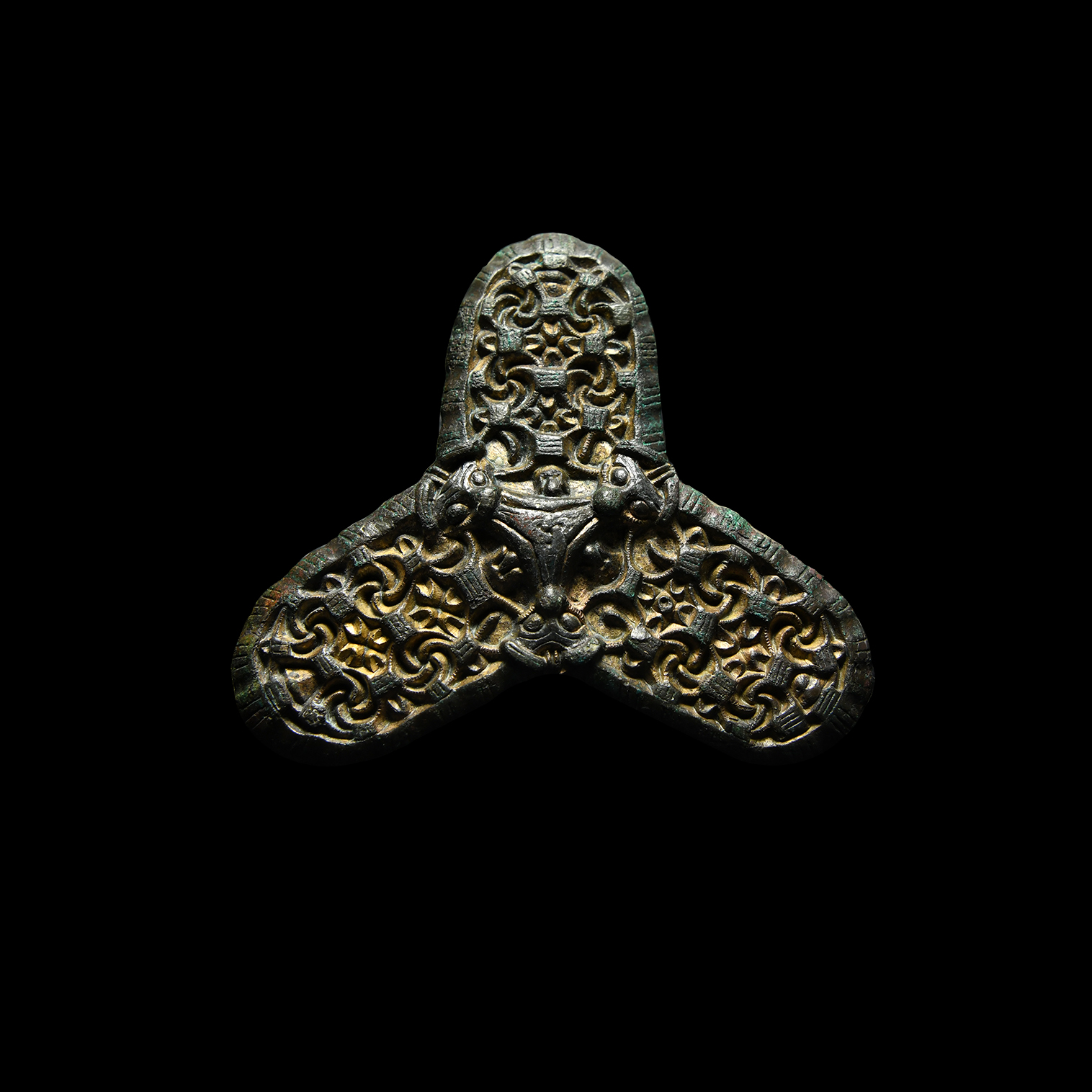 Scandinavian Viking Gilt Borre Style Trefoil Brooch with Animal Masks
