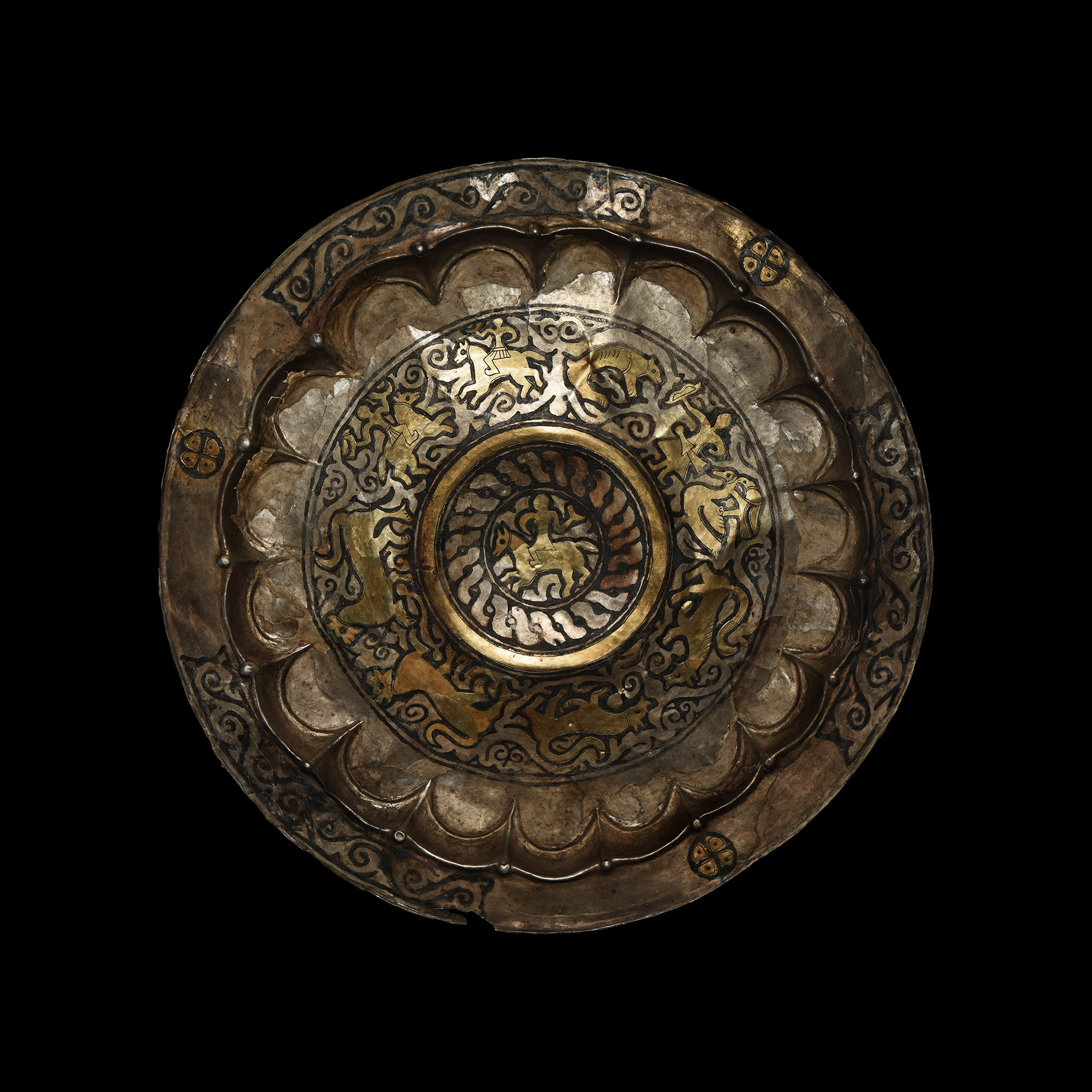 Large Viking Age Volga-Bulgar Gilt Silver Plate with Horse and Riders