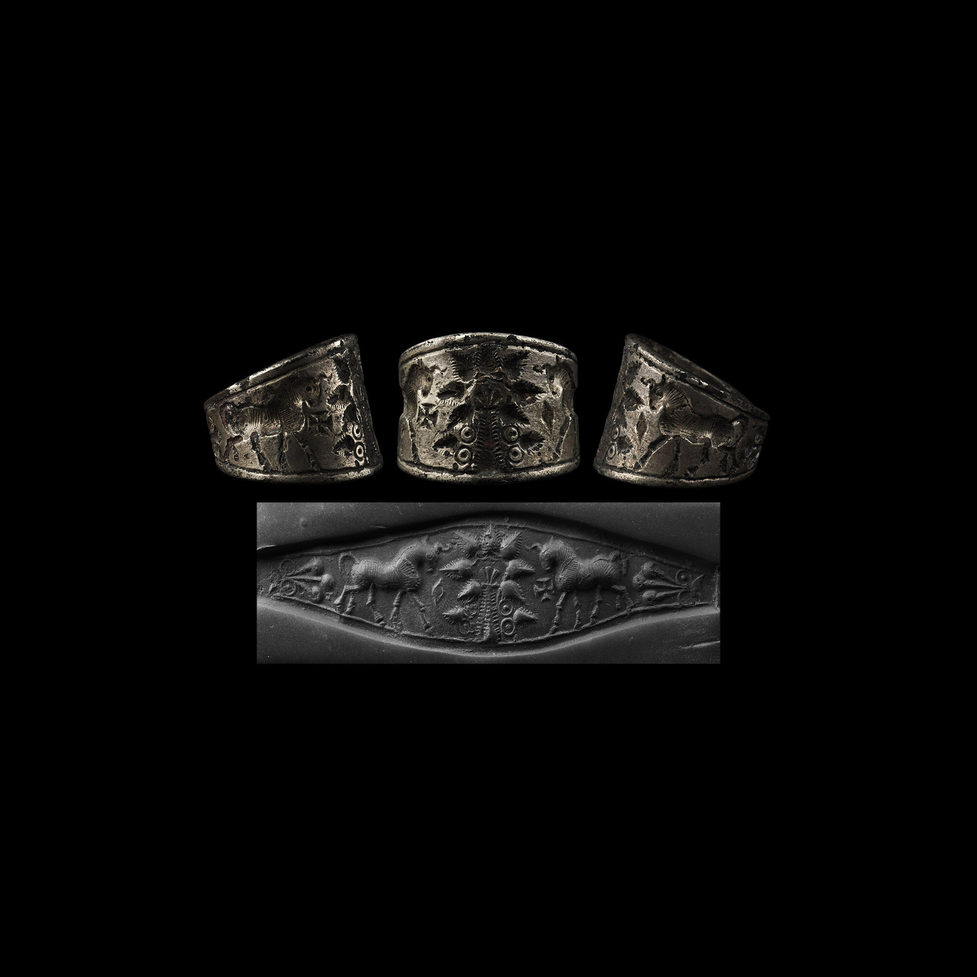 Early Assyrian Ring with Two Heraldic Bulls Next to the Tree of Life