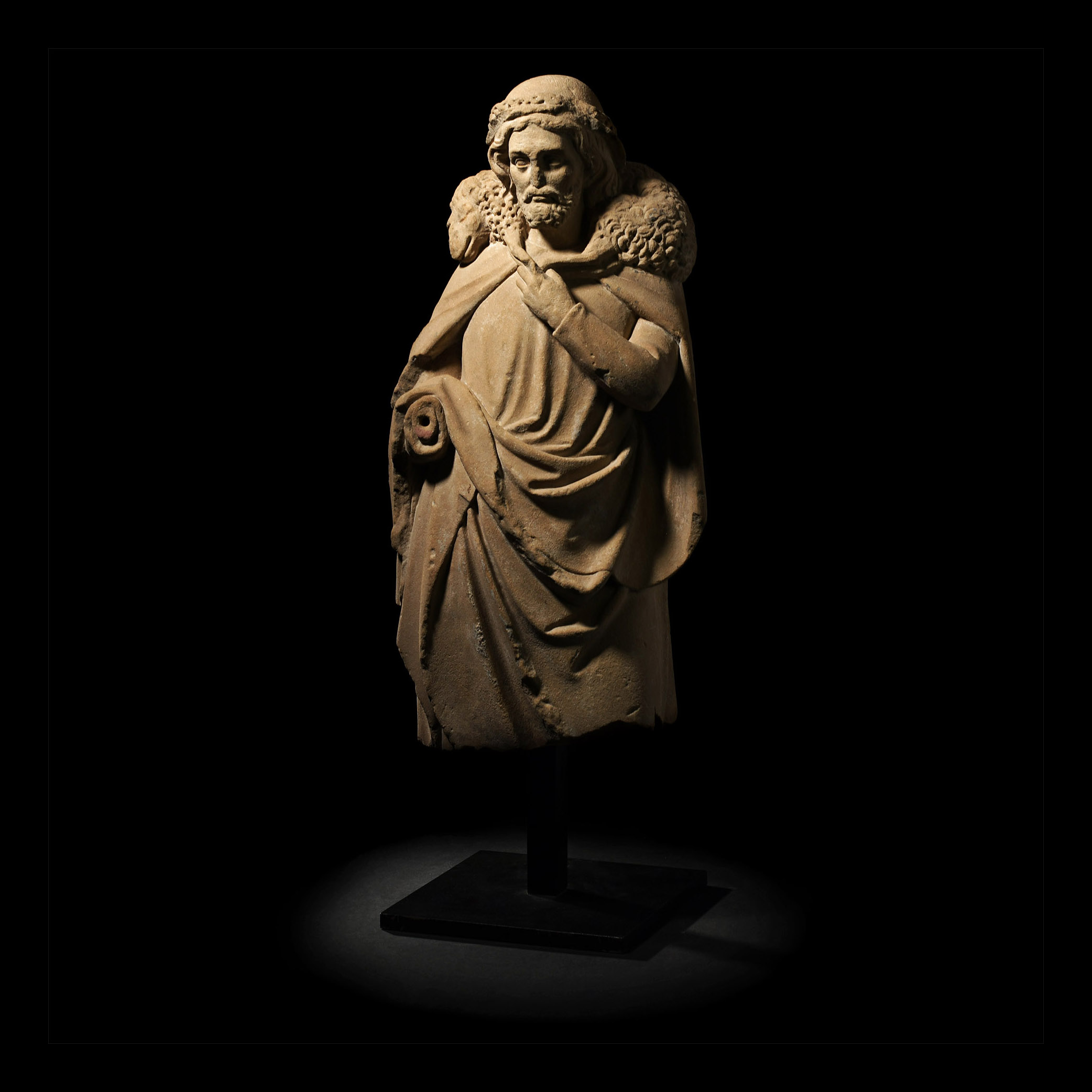 Medieval Stone Sculpture of Christ as the Good Shepherd