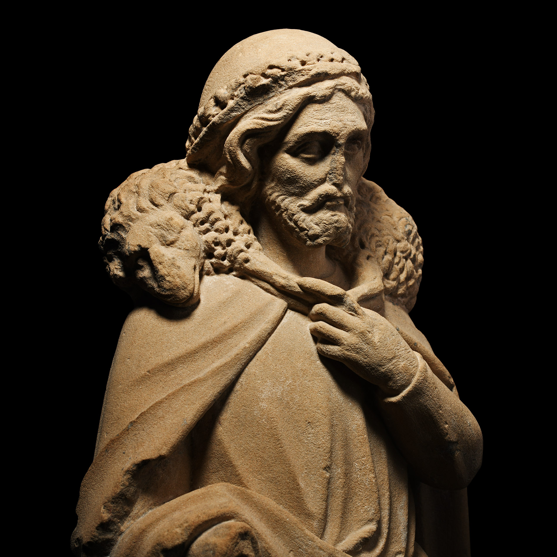 Medieval Stone Sculpture of Christ as the Good Shepherd