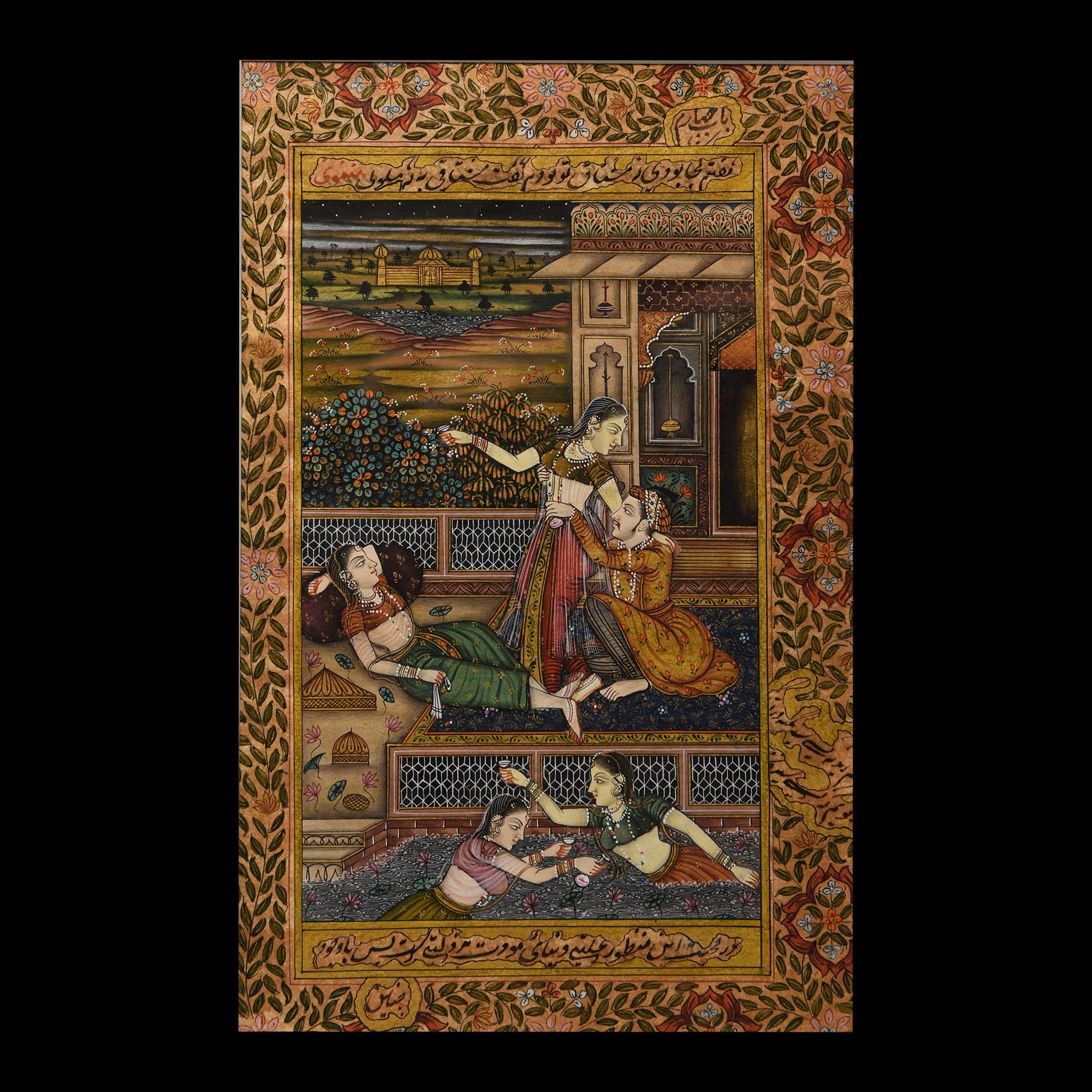 Framed Indian Watercolour Painting with Courtly Scene