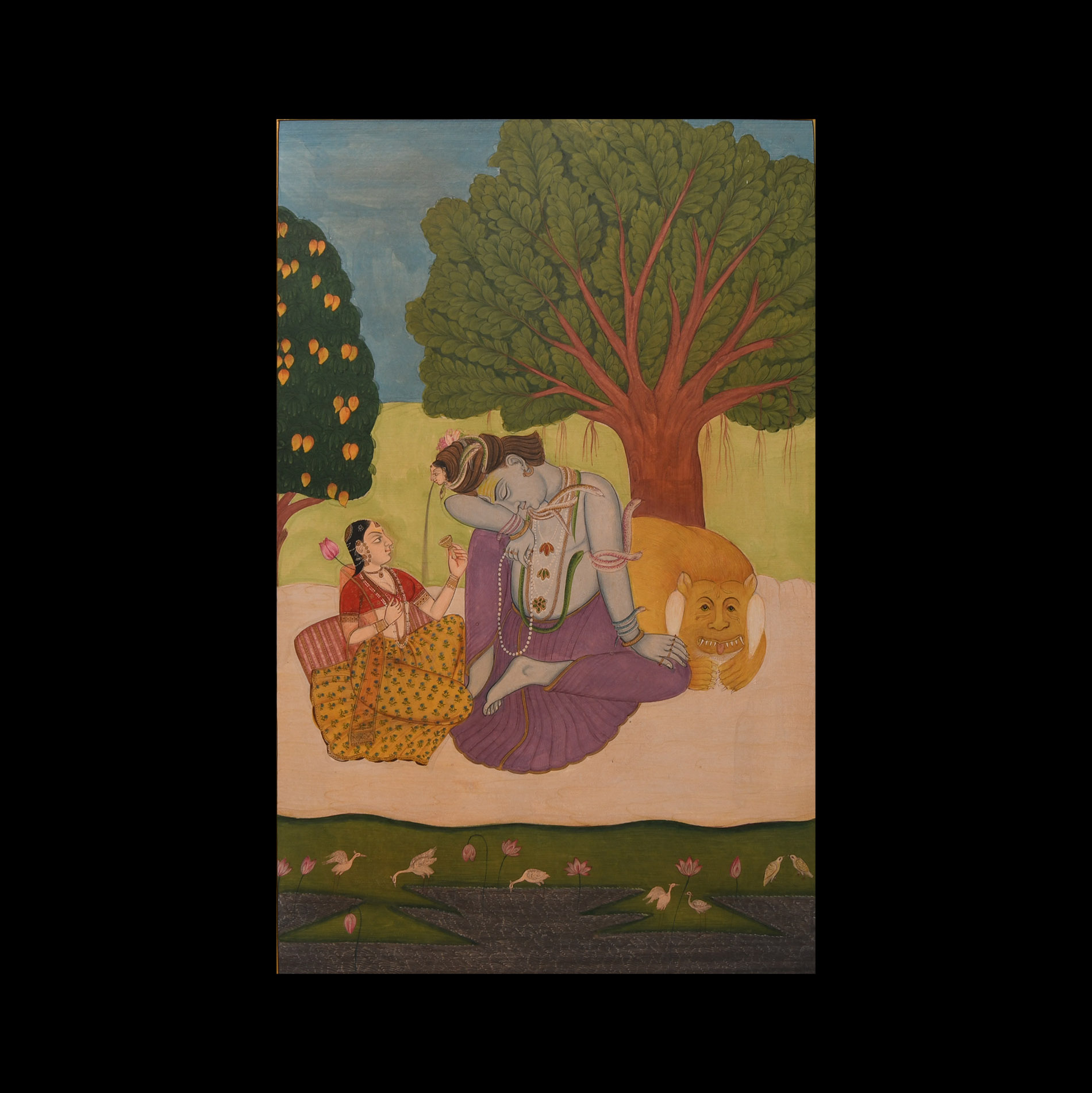Indian Kangra School Painting Depicting Lord Shiva and Parvati Sitting on Bank of River