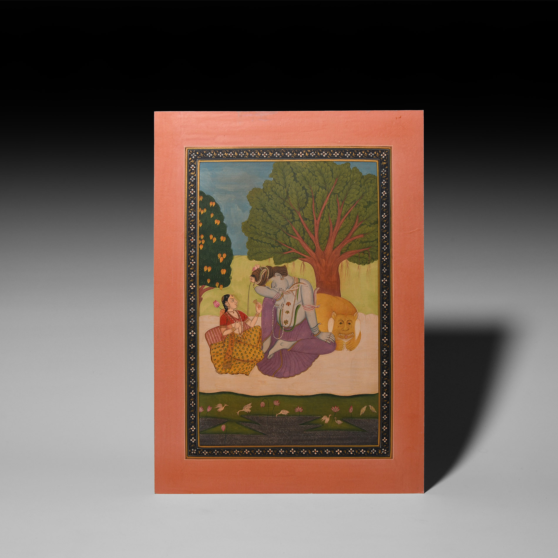 Indian Kangra School Painting Depicting Lord Shiva and Parvati Sitting on Bank of River