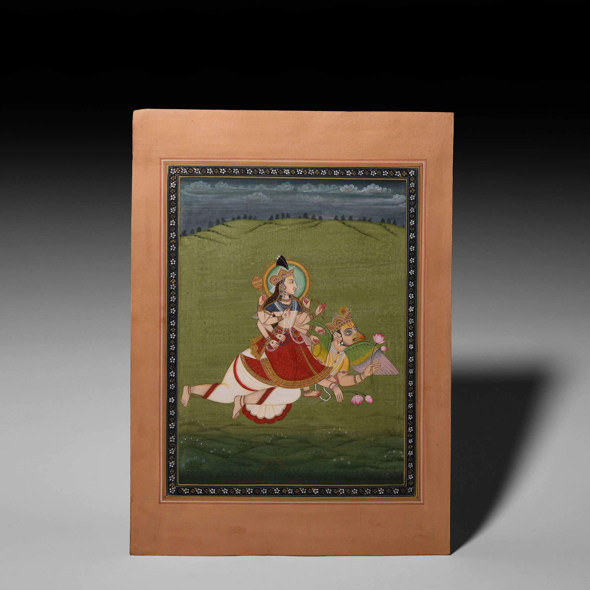 Indian Kangra School Watercolour Painting Depicting Goddess Lakshmi Seated on Garuda