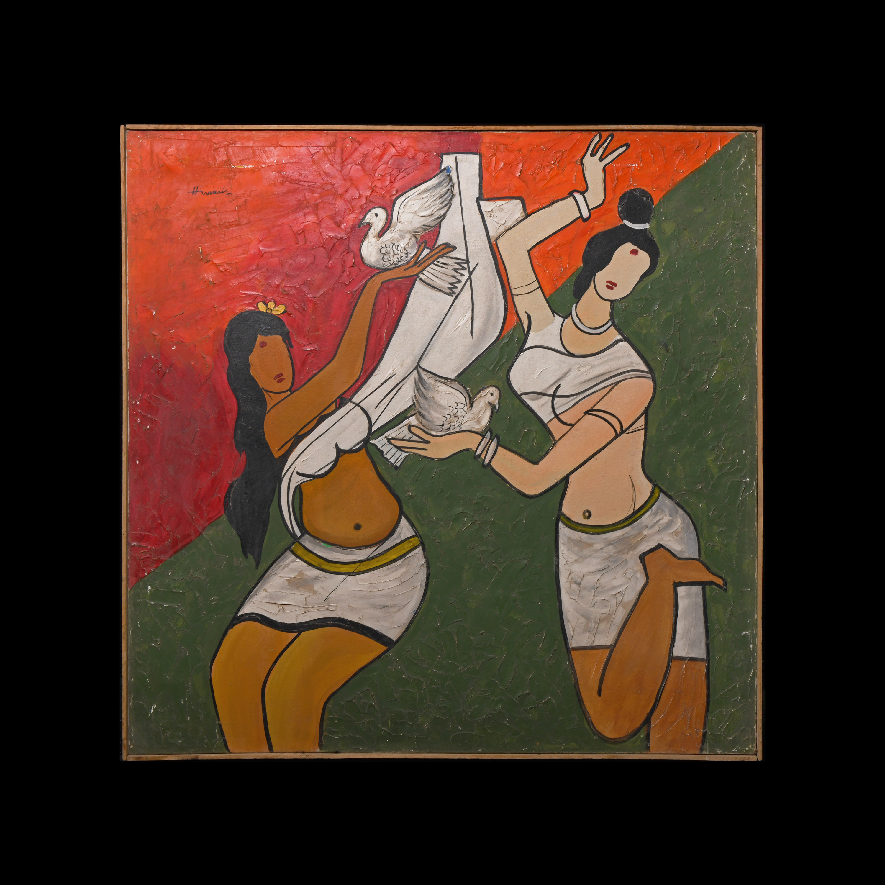 Indian M.F. Husain Painting with Dancers Holding Doves