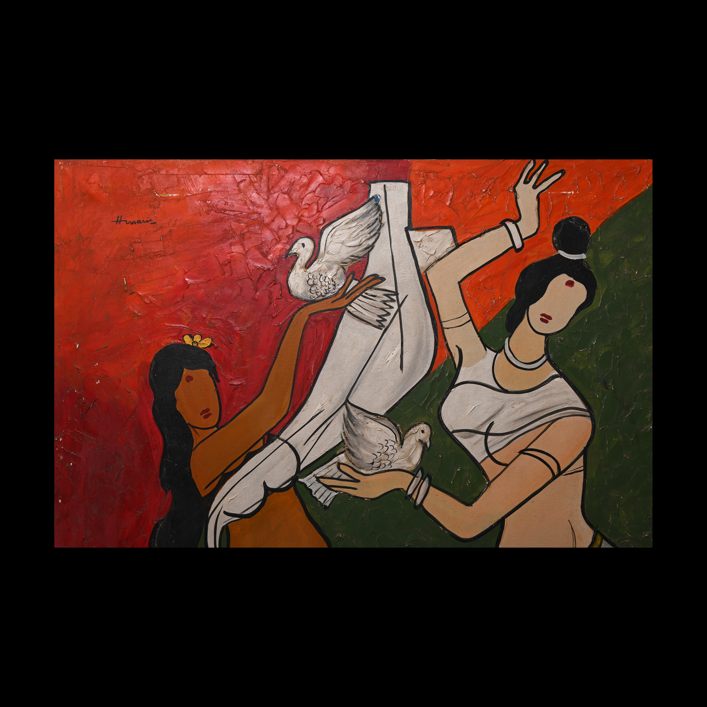 Indian M.F. Husain Painting with Dancers Holding Doves