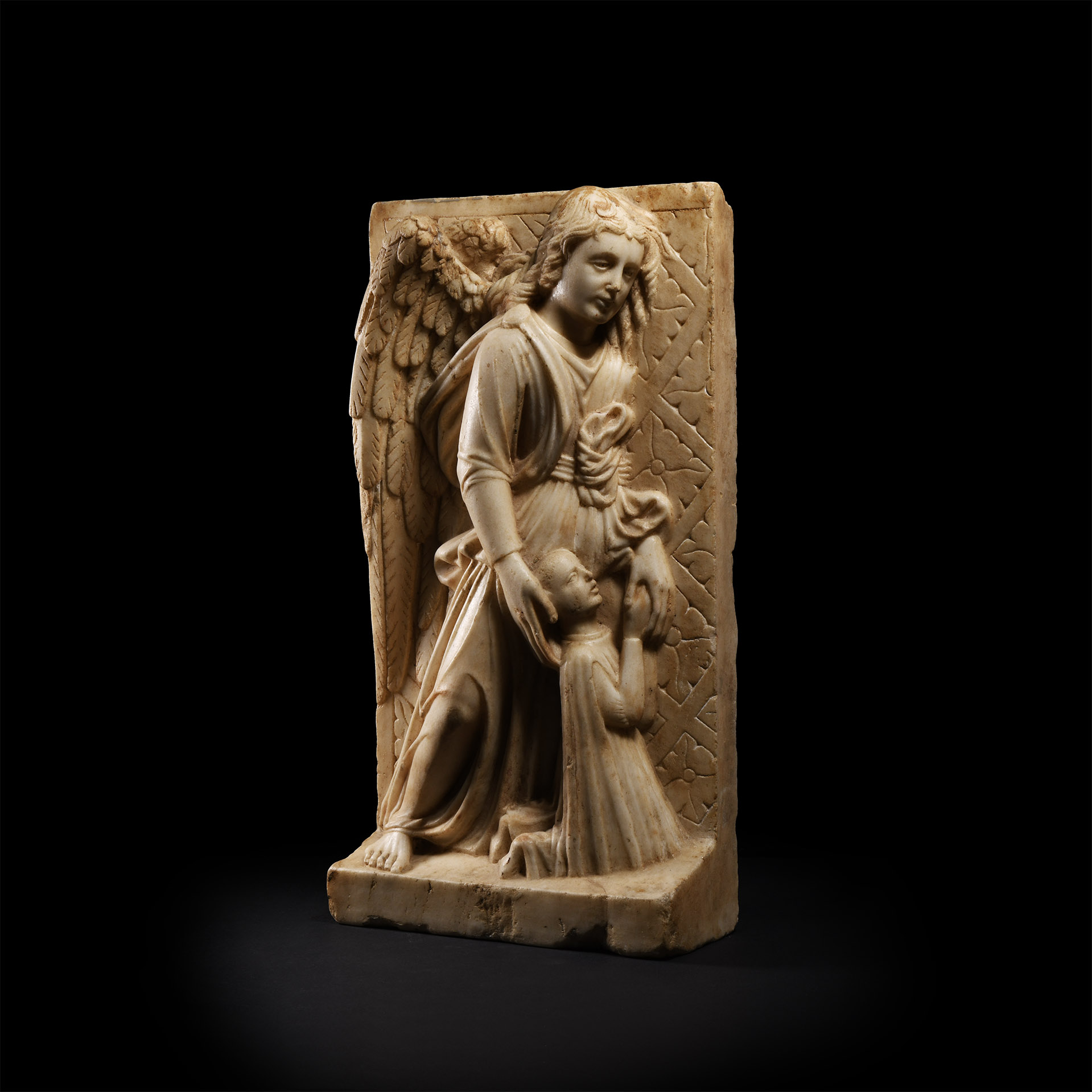 Medieval Marble Relief of an Angel and a Donor