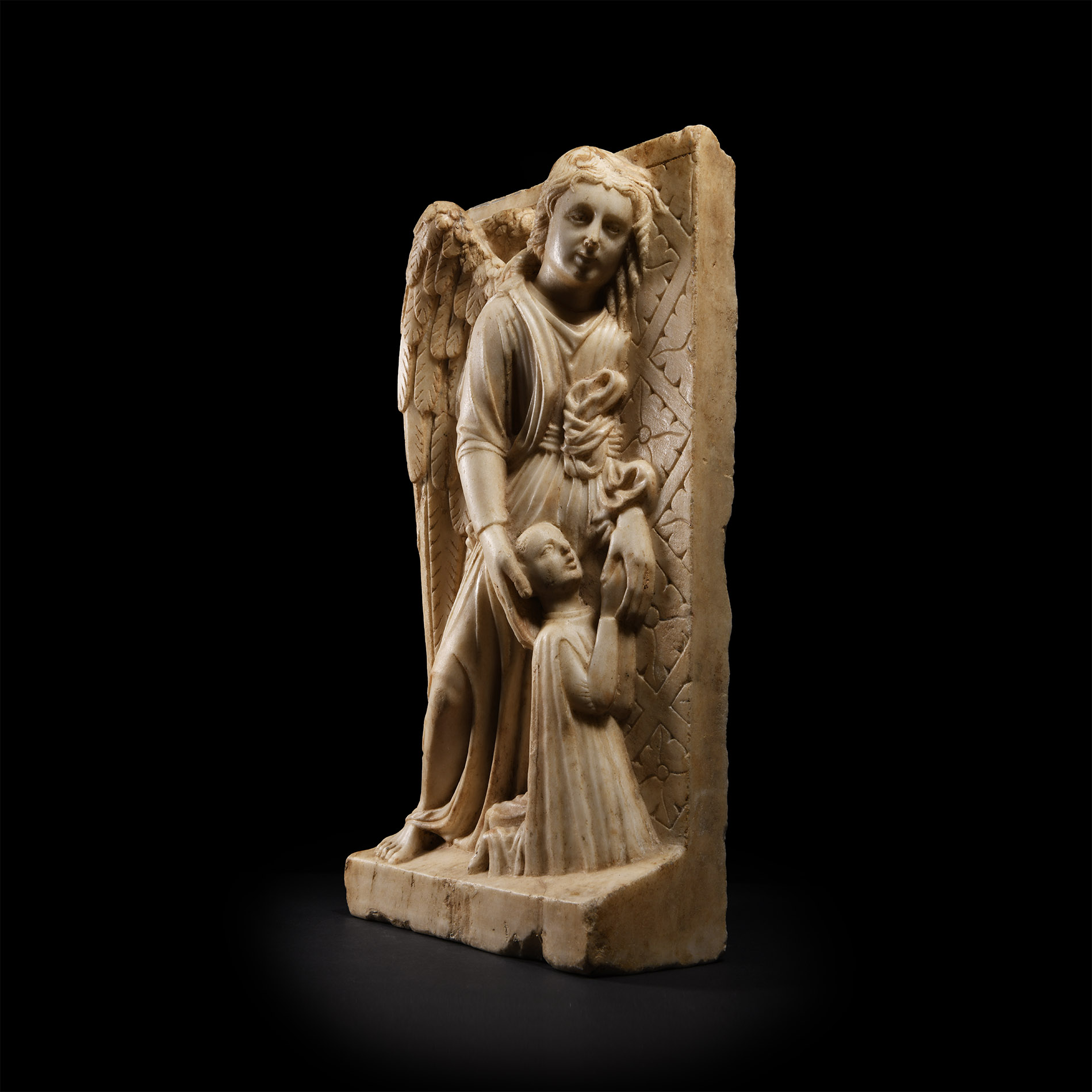 Medieval Marble Relief of an Angel and a Donor