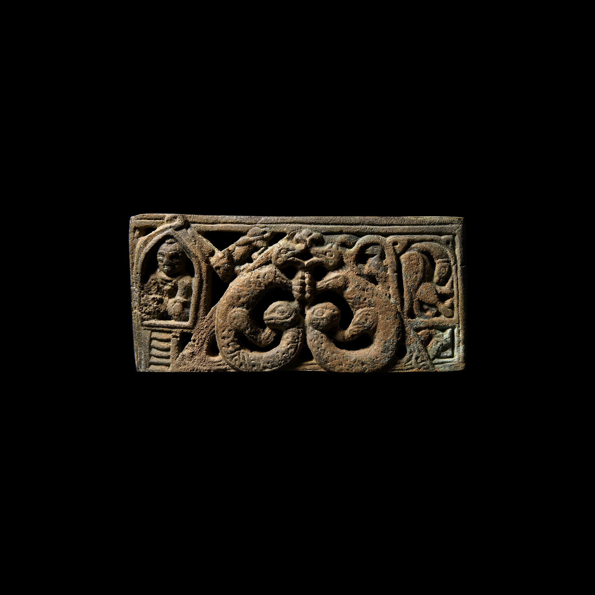 Chinese Ordos Style Bronze Decorative Plaque with Buddha and Beasts