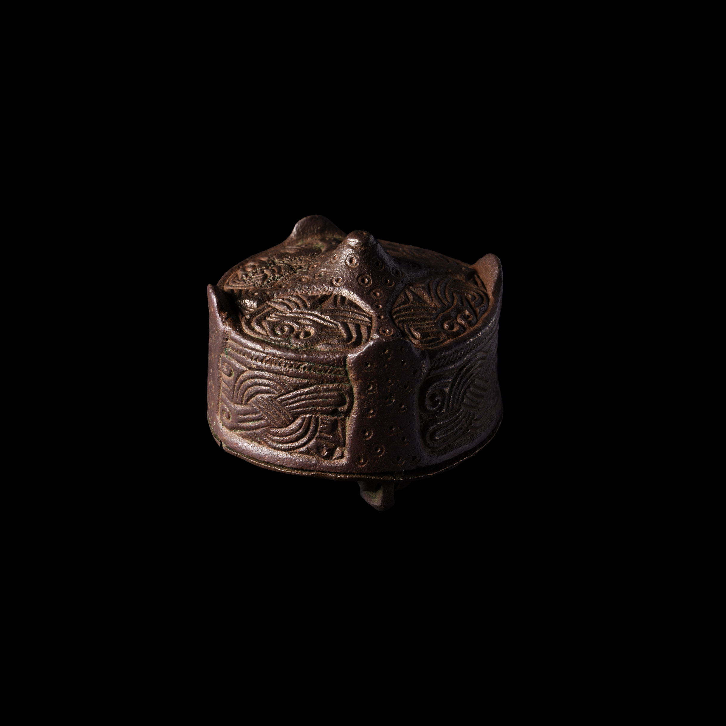 Scandinavian Viking Bronze Drum Brooch with Interlaced Panels