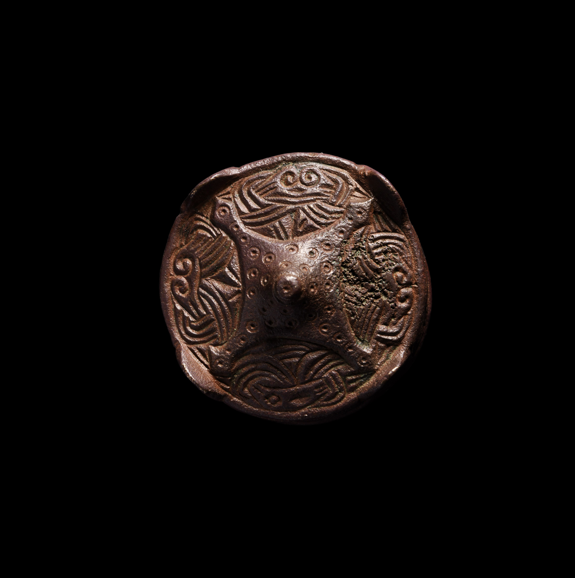 Scandinavian Viking Bronze Drum Brooch with Interlaced Panels