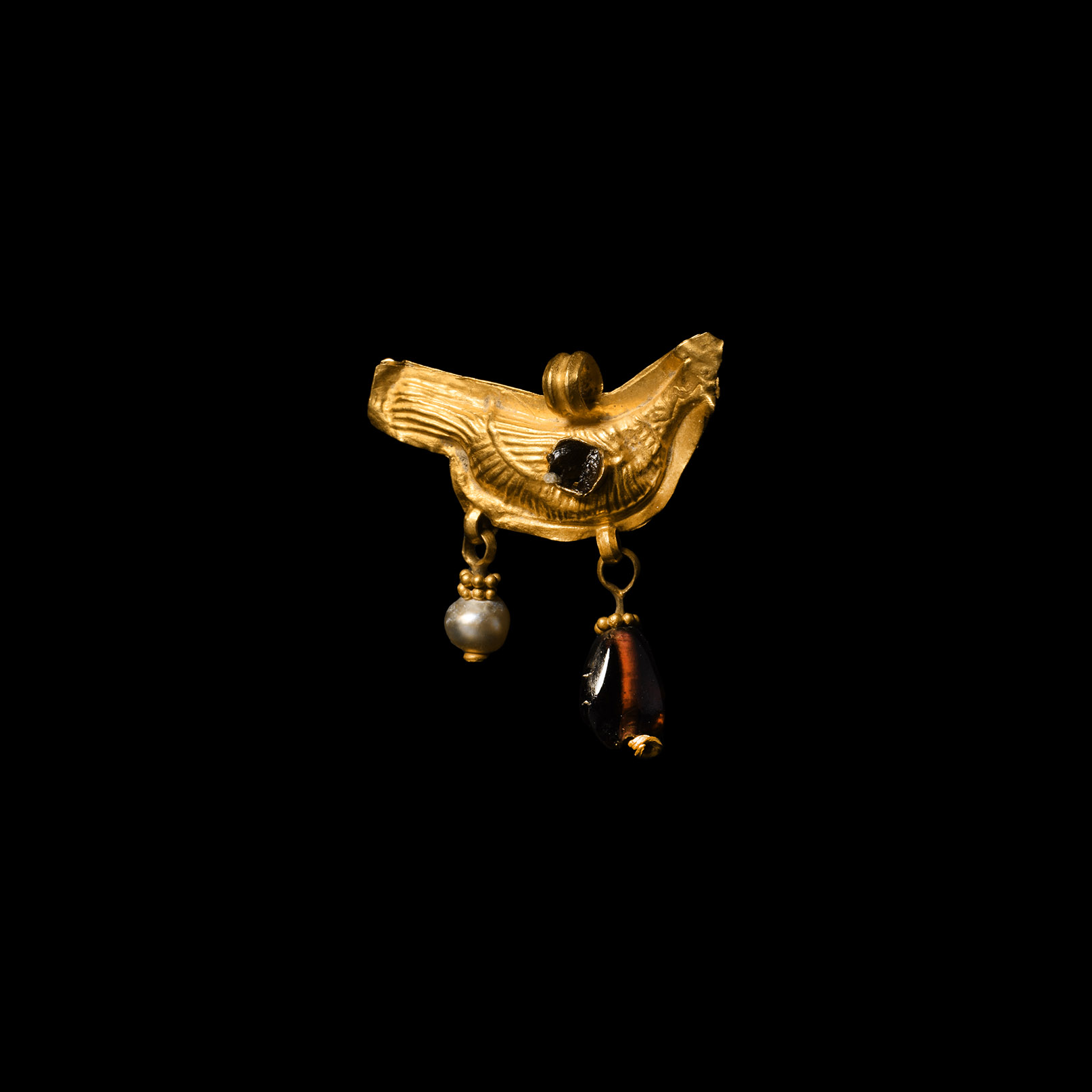 Greek Gold Bird Pendant with Garnet and Pearl Drop