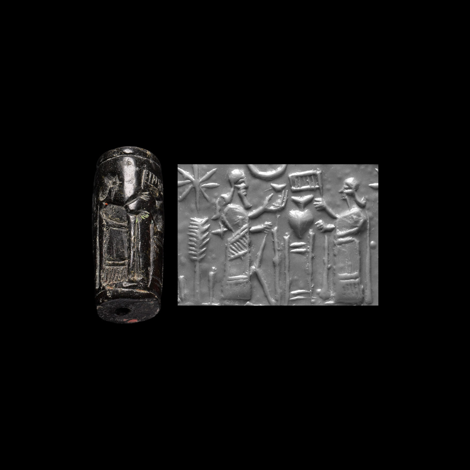 Neo-Assyrian Black Jasper Cylinder Seal with Cultic Banquet Scene