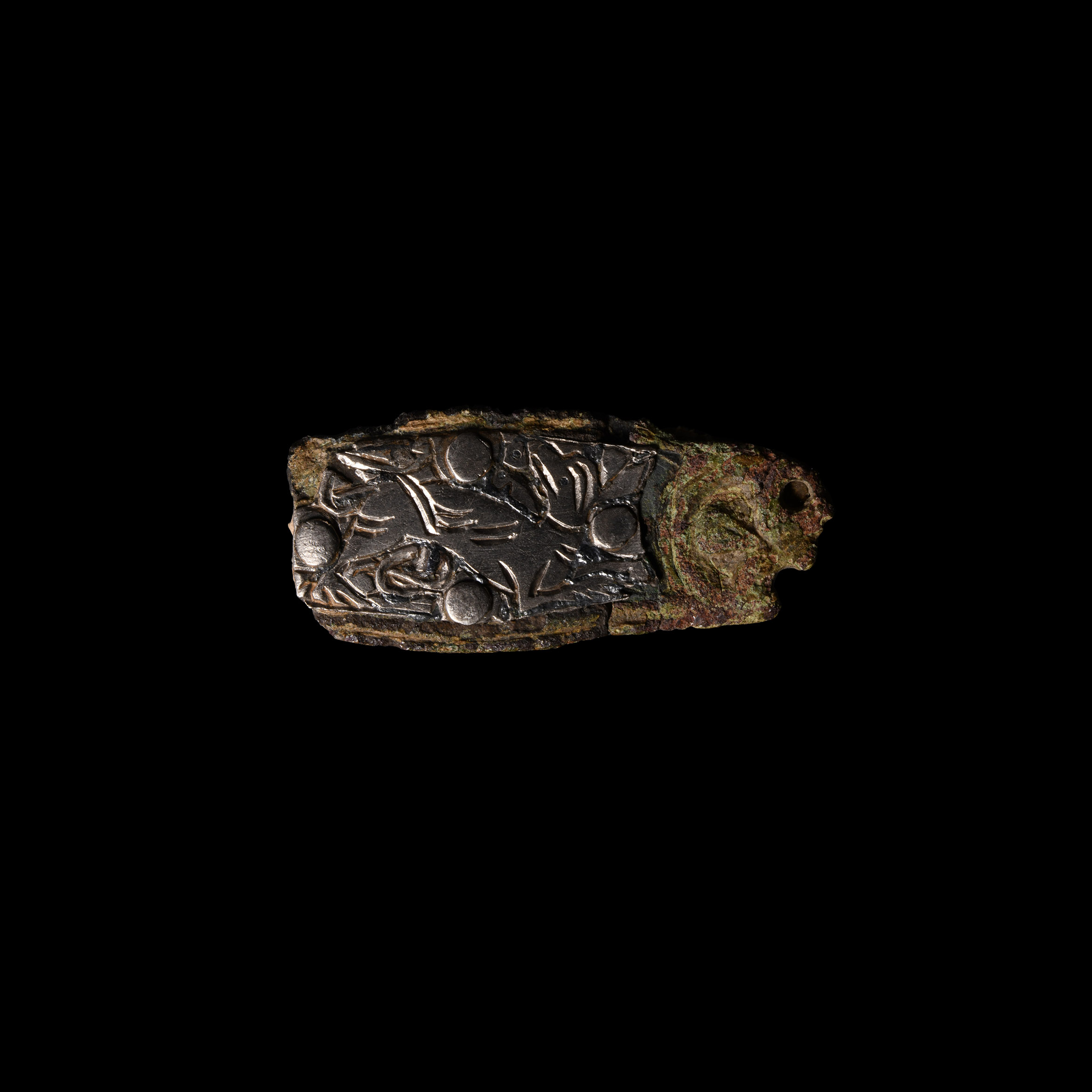 Anglo-Saxon Bronze Strap End with Rivetted Silver Plate with Beast Facing Back