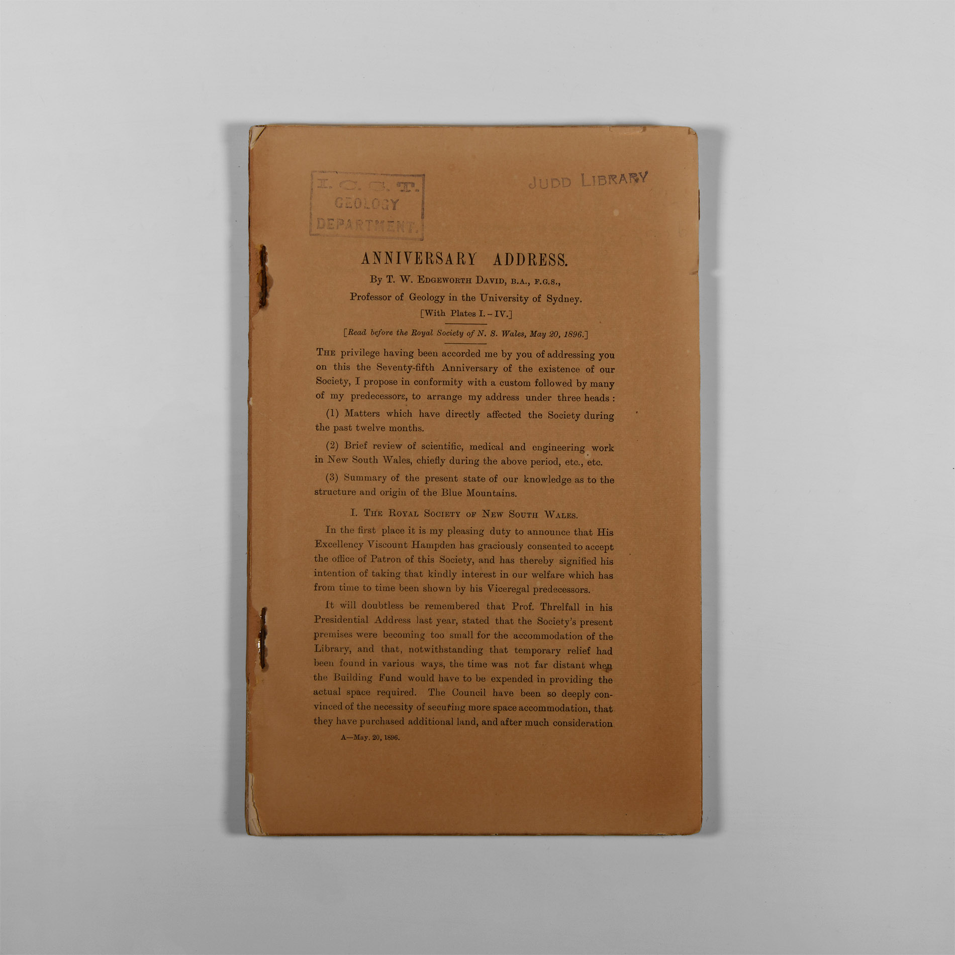 Natural History Books - David - Anniversary Address by the President, Royal Society of NSW