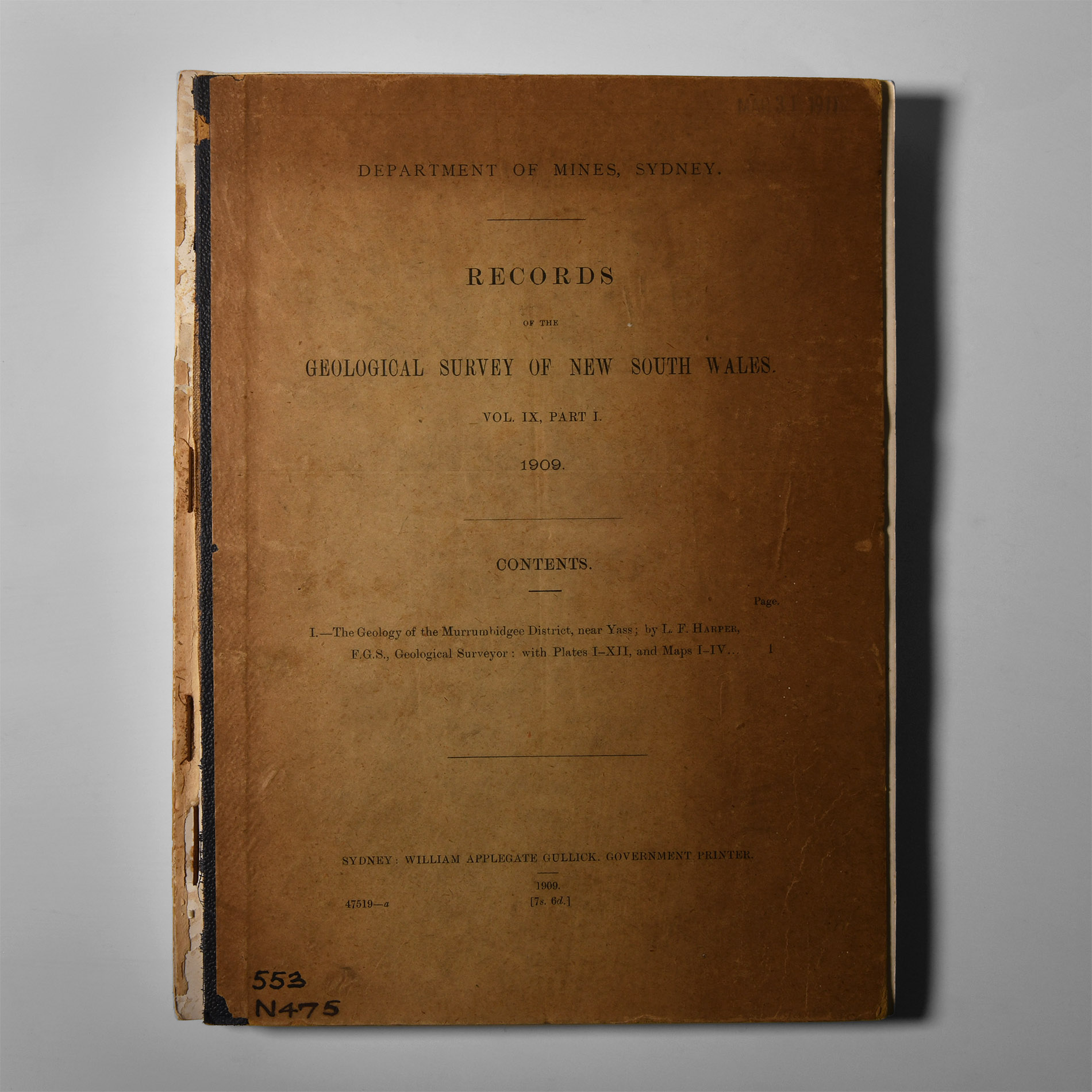 Natural History Books - Dept of Mines - Records of the Geological Survey of NSW, Volume IX (part 1)