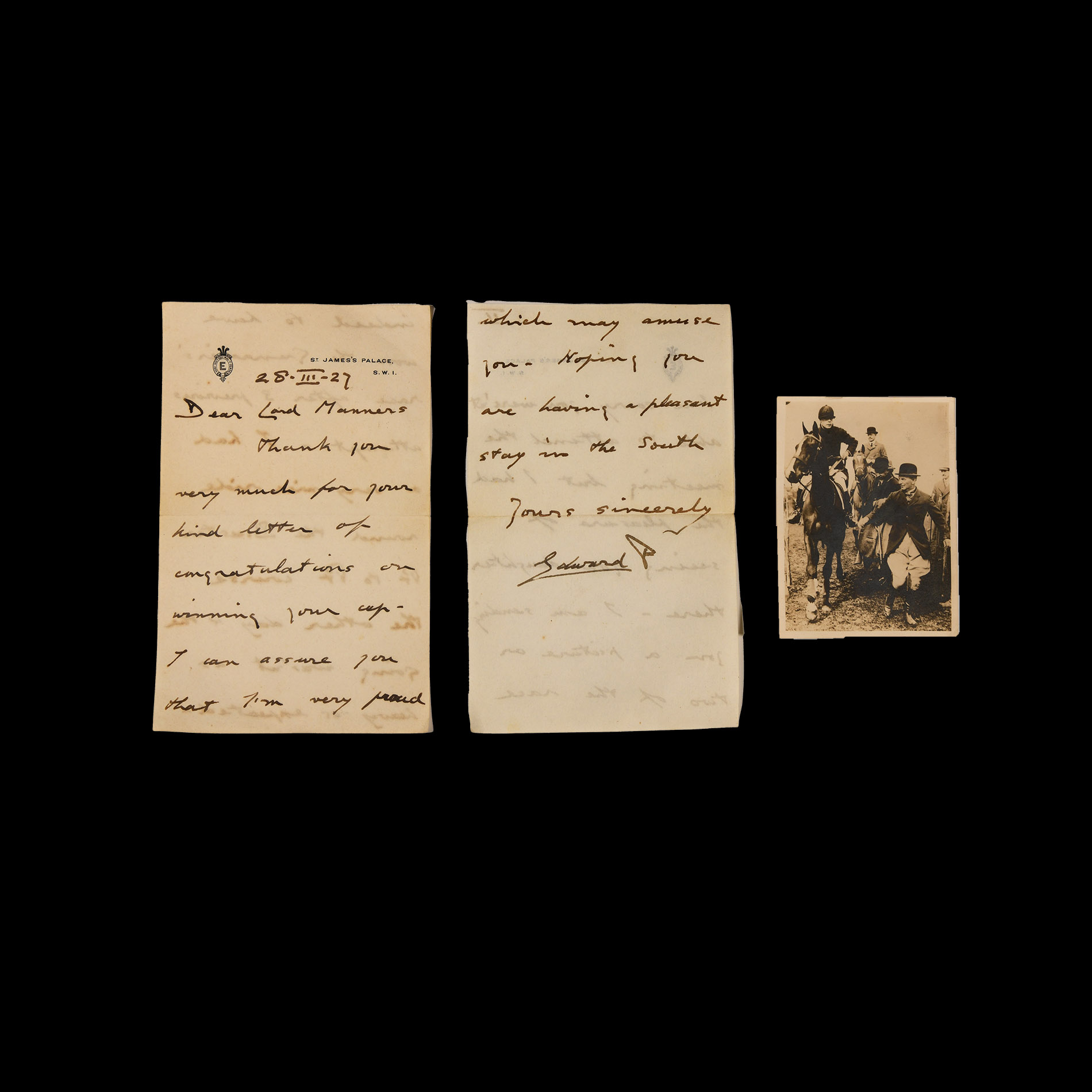 Prince Edward (Abdicated King Edward VIII) Handwritten Horse Racing Letter and Enclosed Photograph