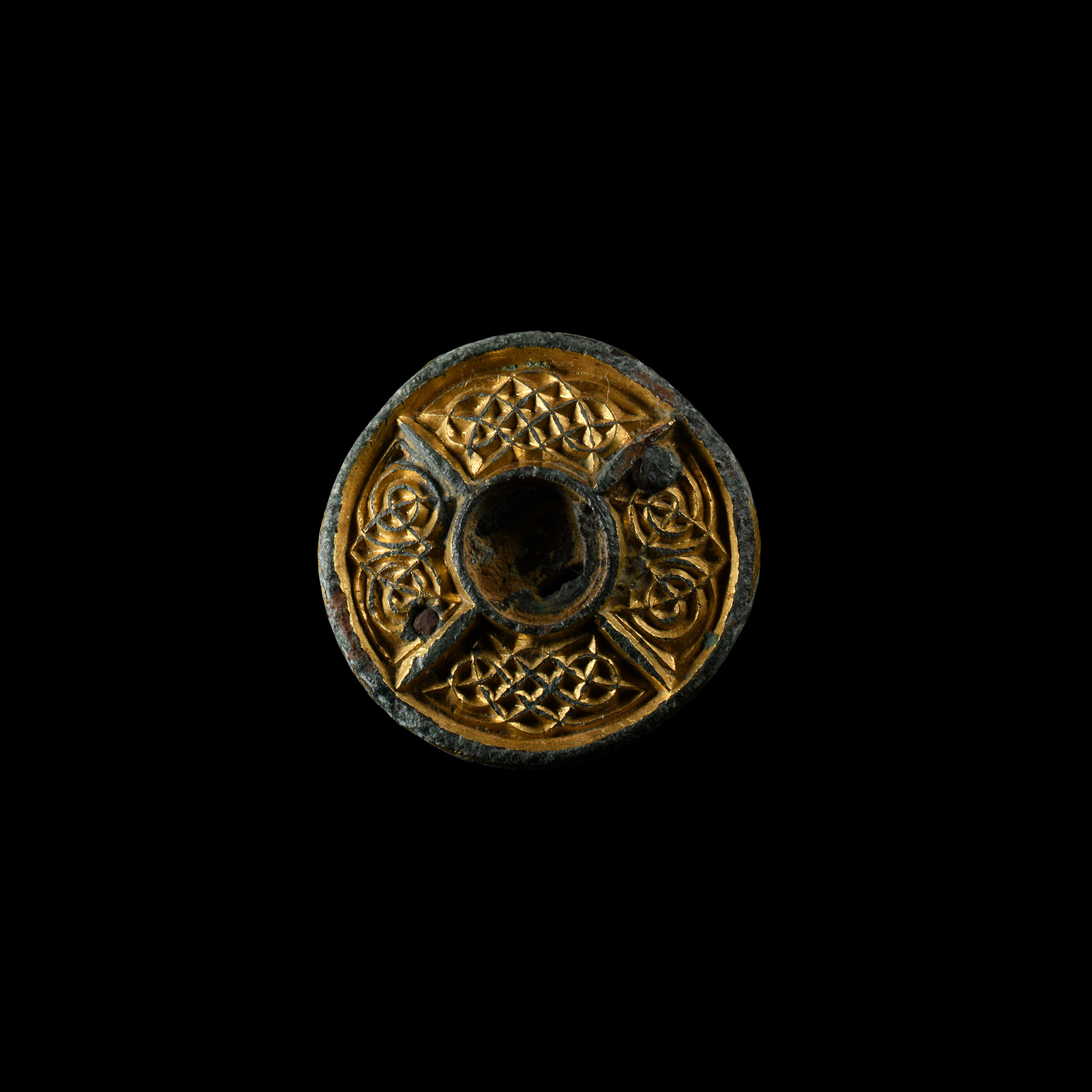 Anglo-Saxon Gilt Chip-Carved Mount with Interlaced Panels