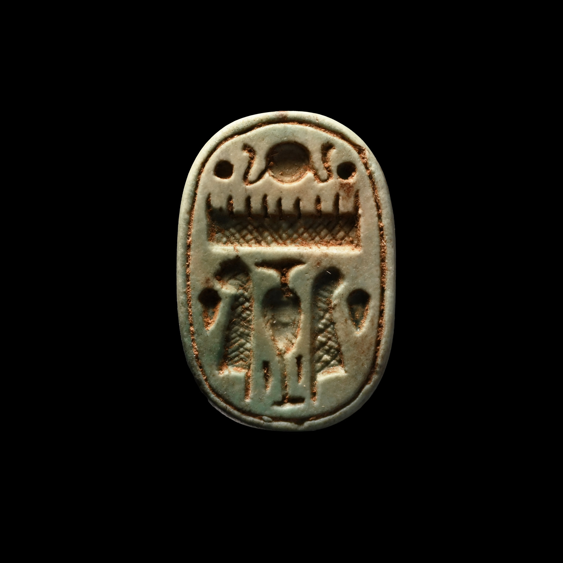 Egyptian Faience Scaraboid of Seti I and Thutmose III