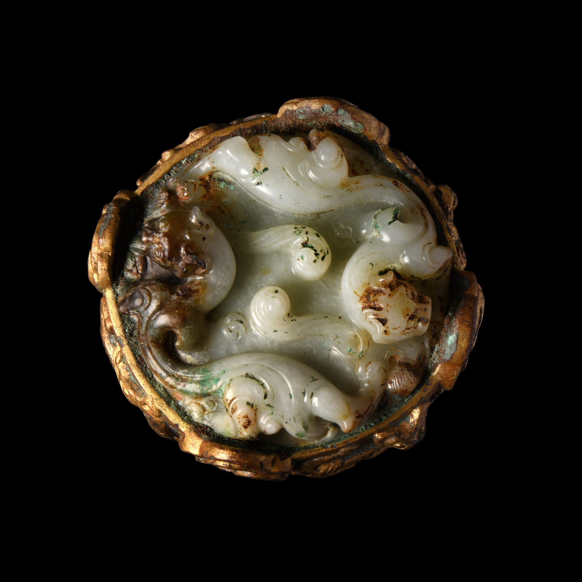 Chinese Han Gilded Bronze Sword Pommel with Jade