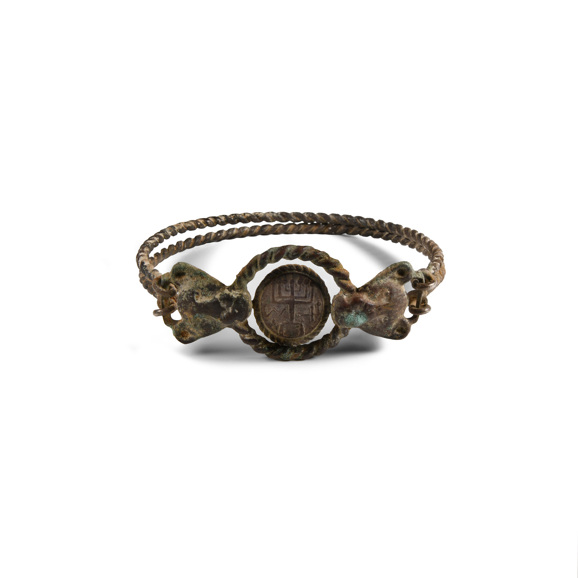Western Asiatic Silver Bracelet with Lion Head Terminals Holding a Menorah
