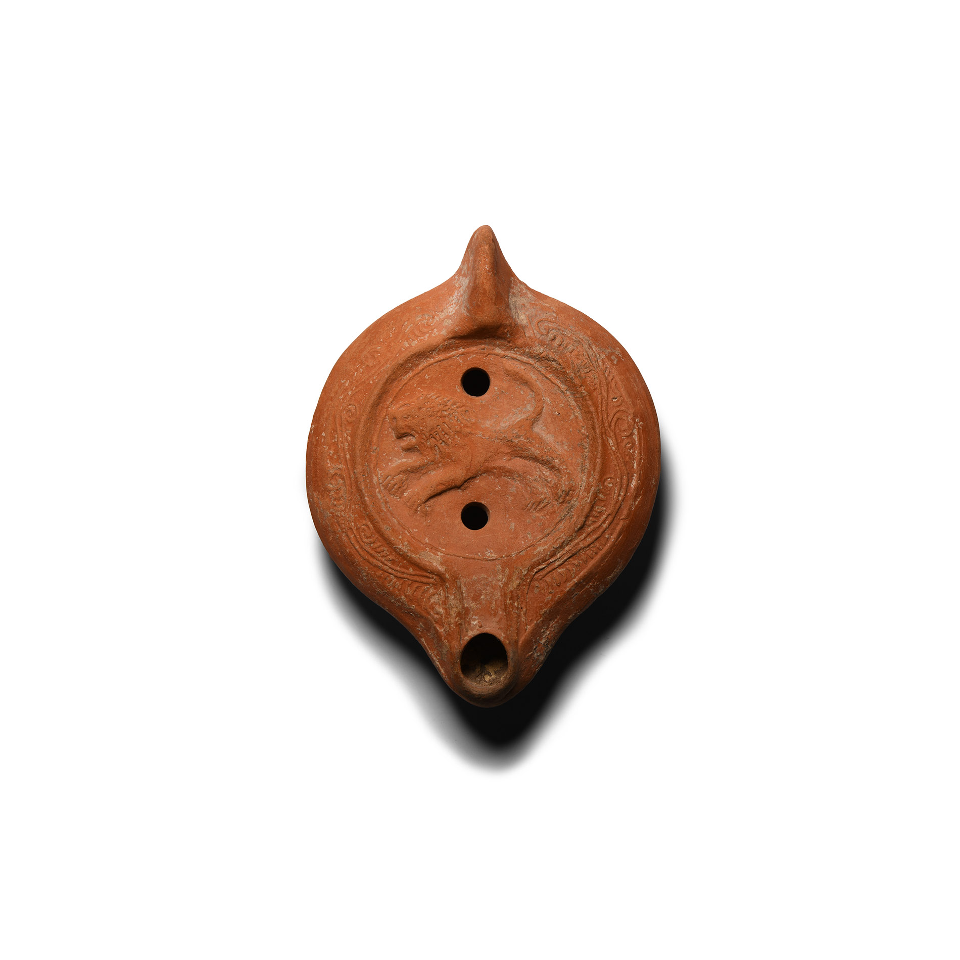 Large Roman Redware Lamp with Lion