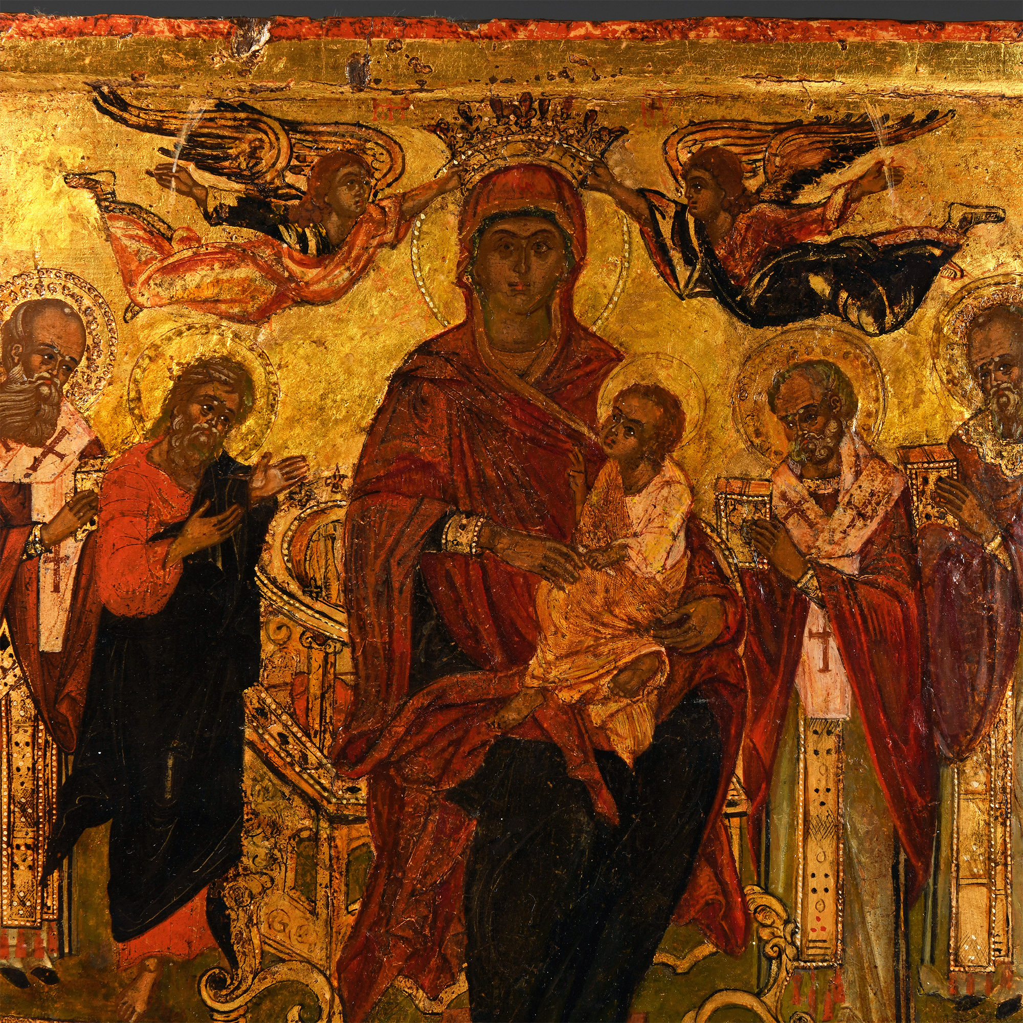 Greek Icon with Virgin and Saints George and Demetrius on Horseback