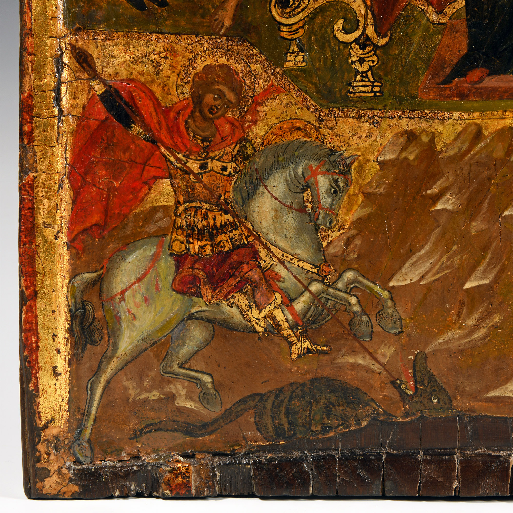 Greek Icon with Virgin and Saints George and Demetrius on Horseback
