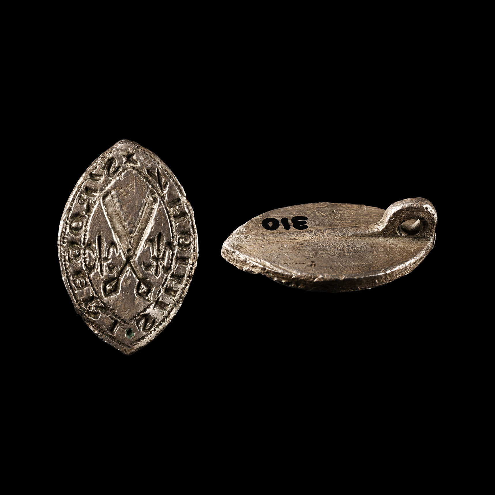 English Medieval Silver Vesica-Shaped Seal Matrix for Tailor Roger Simion