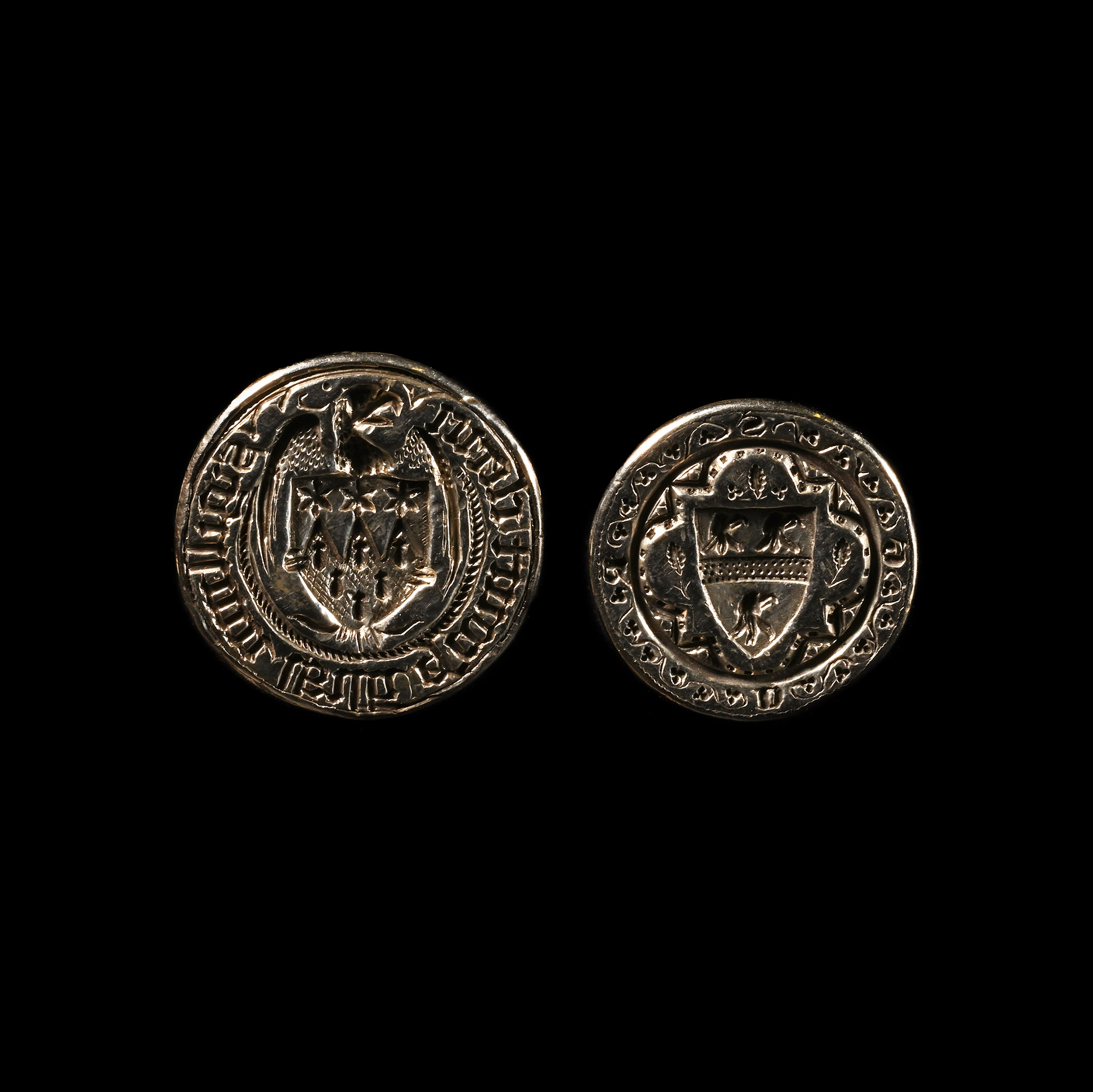 English Medieval Heraldic Silver Chessman Type Seal Matrix Chained Pair with the Arms of Beaubois and Estcourt