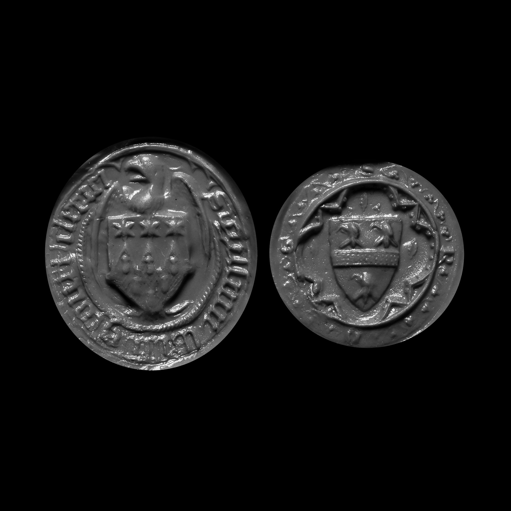 English Medieval Heraldic Silver Chessman Type Seal Matrix Chained Pair with the Arms of Beaubois and Estcourt