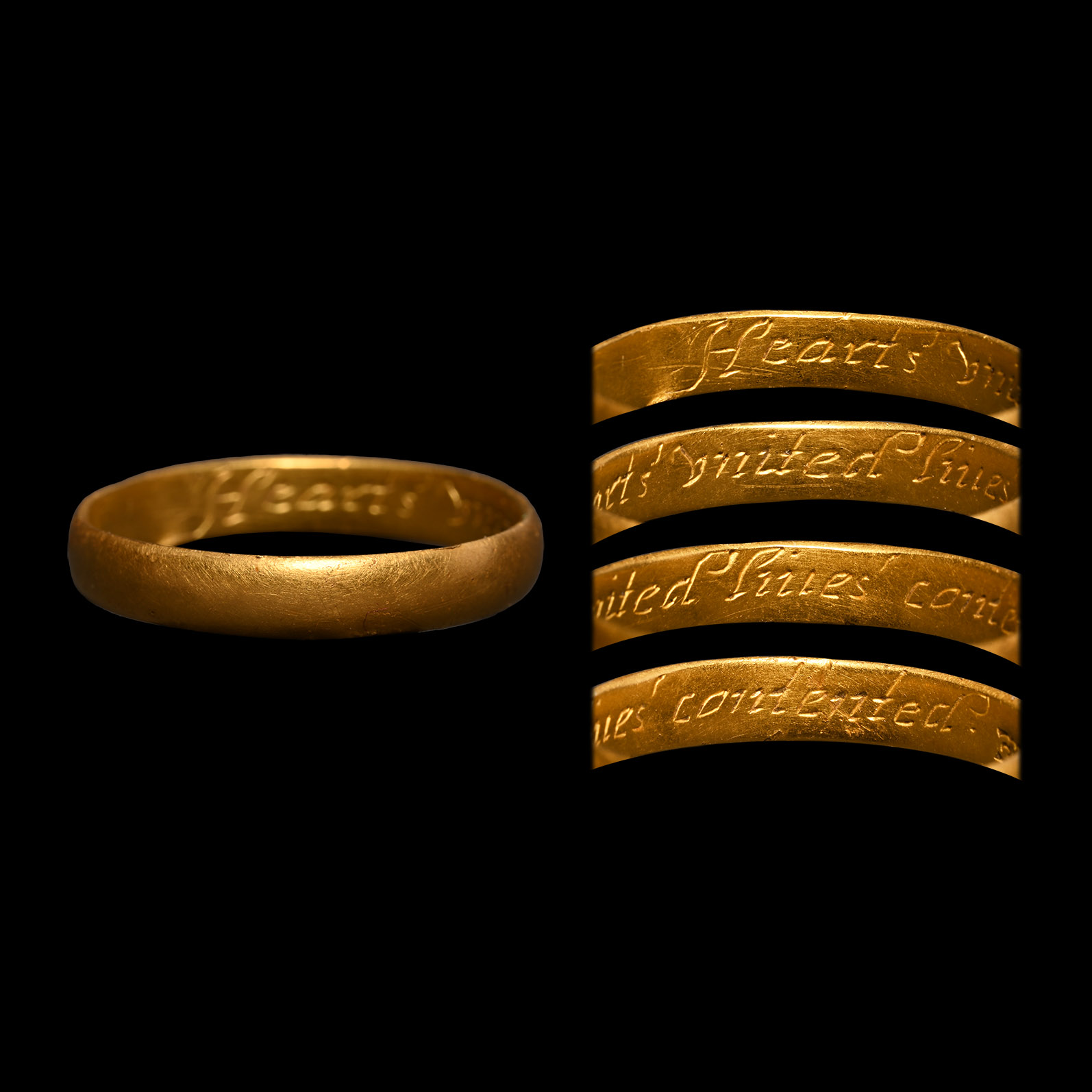 Post Medieval Gold 'Hearts United Lives Contented' Posy Ring