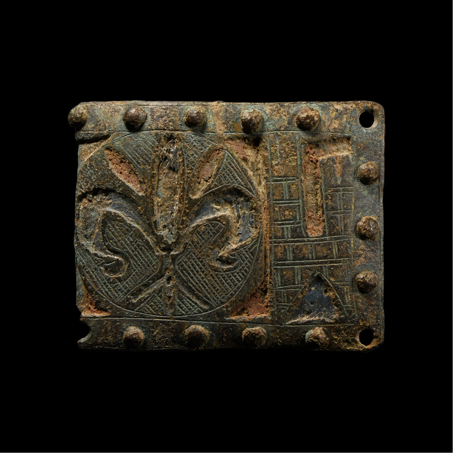 Medieval Bronze Heraldic Horse Harness Mount with Castle and Fleur