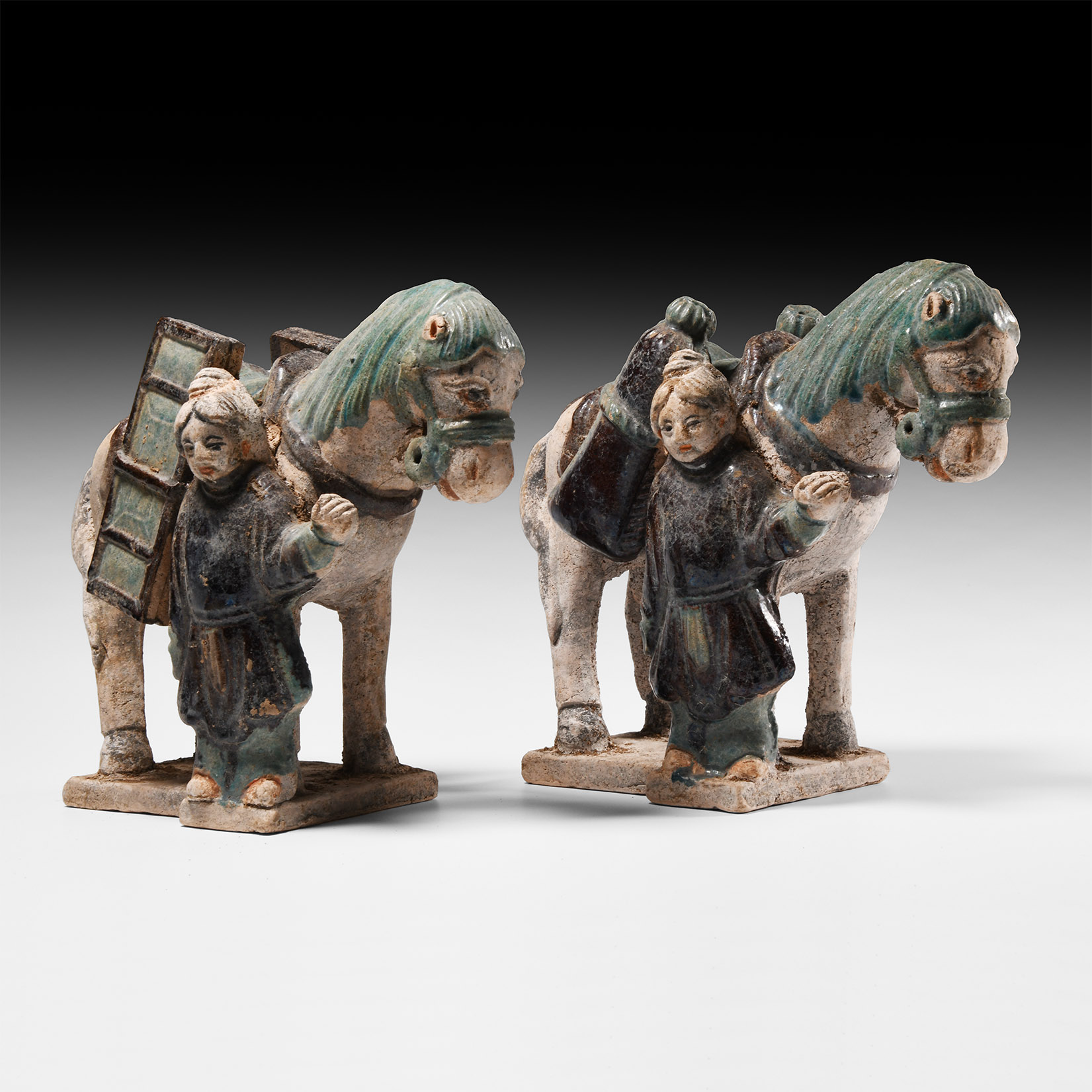 Chinese Ming Green Horse and Attendant Pair