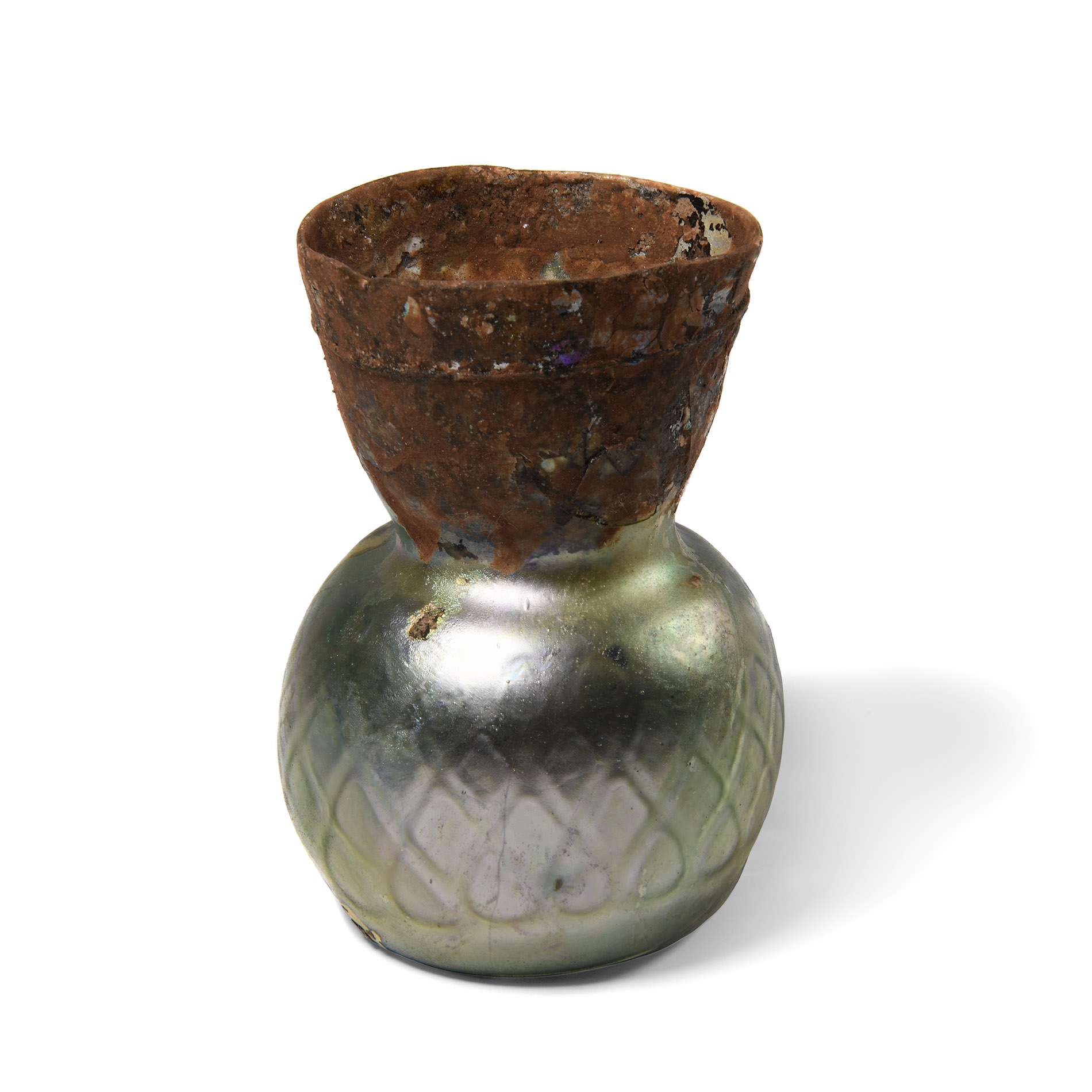 Roman Iridescent Glass Vase with Chequered Pattern