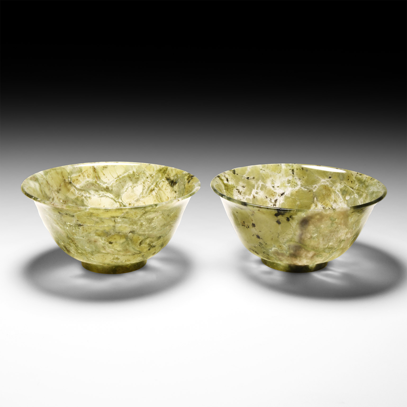 Chinese Mottled Green Jade Bowl Pair