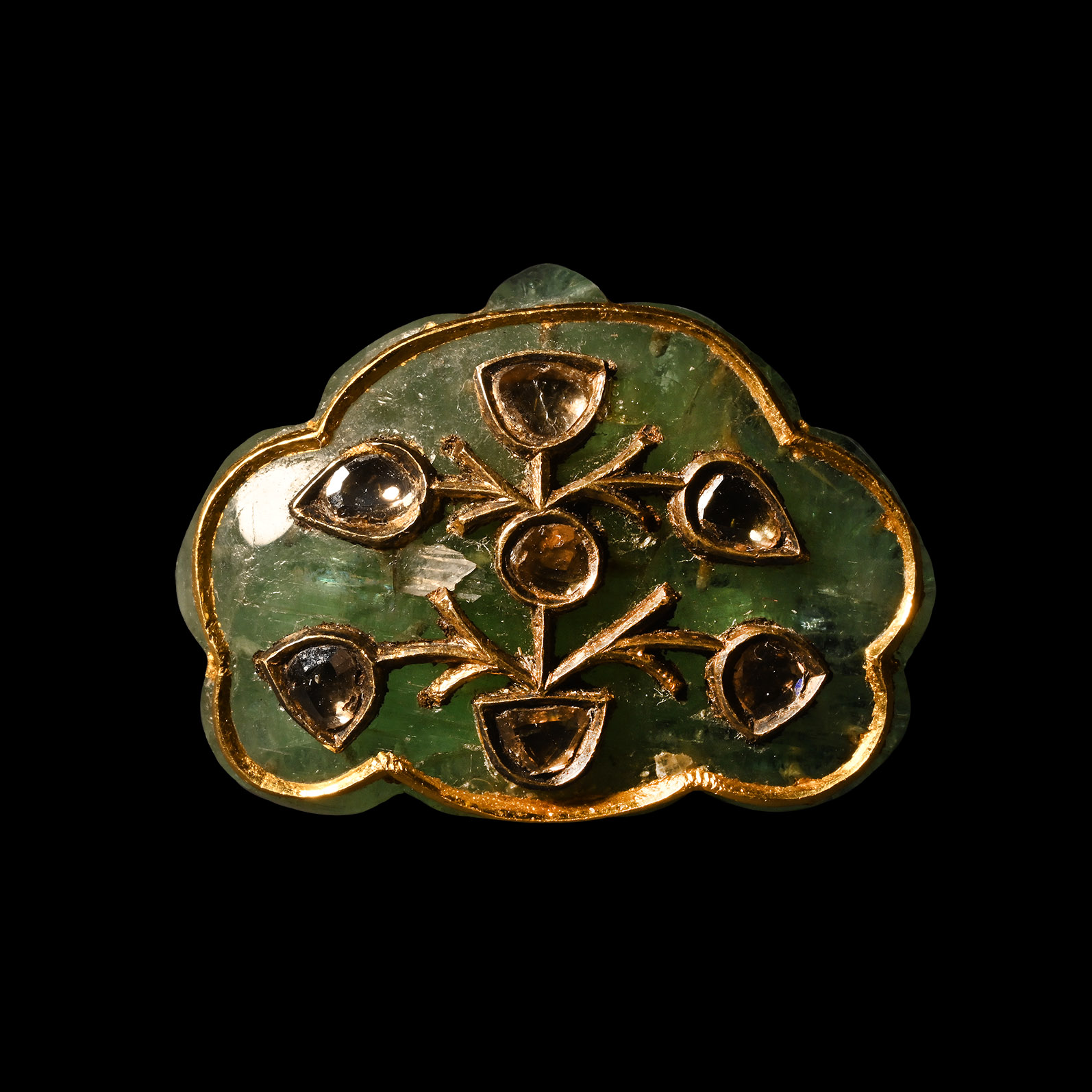 Indian Mughal Carved Emerald with Gold and Diamonds