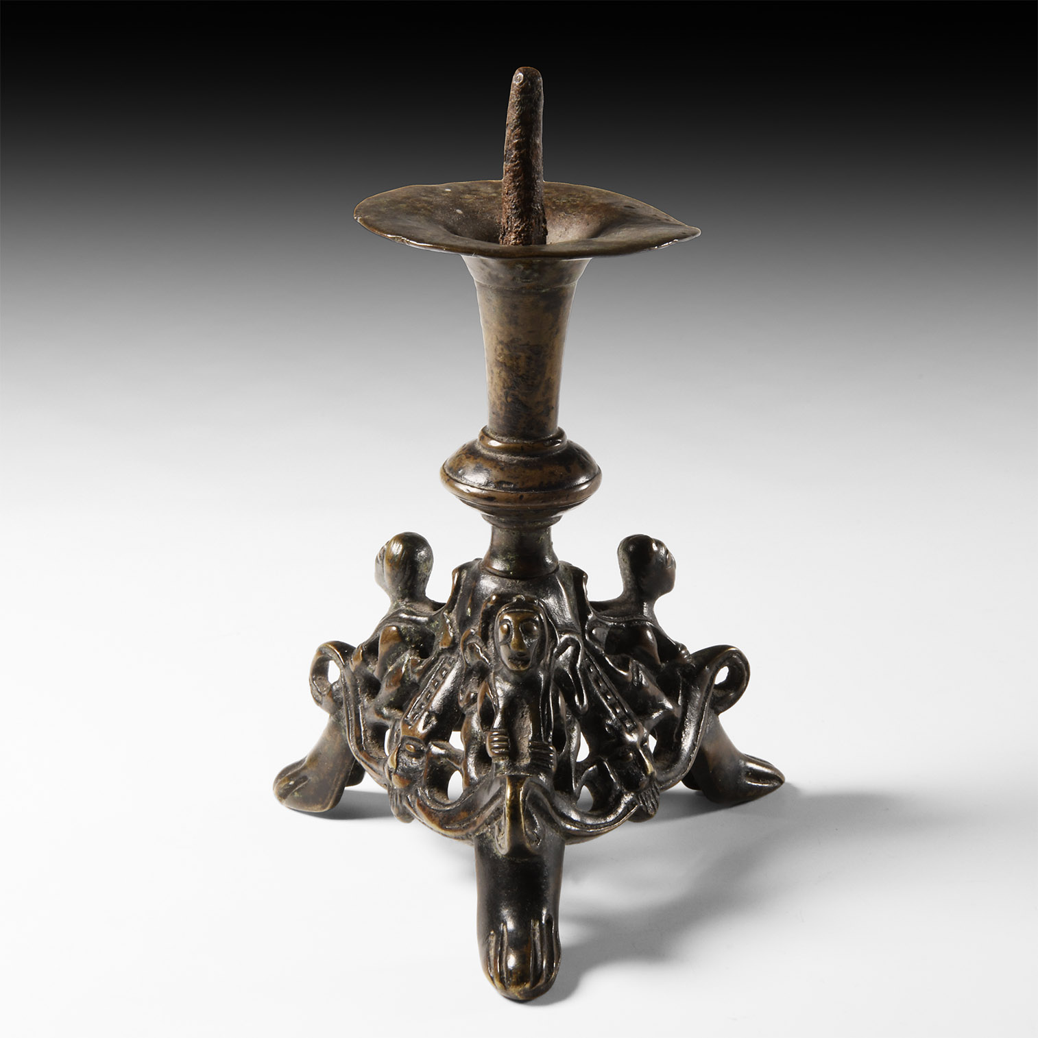 Medieval Style Openwork Candlestick with Three Figures
