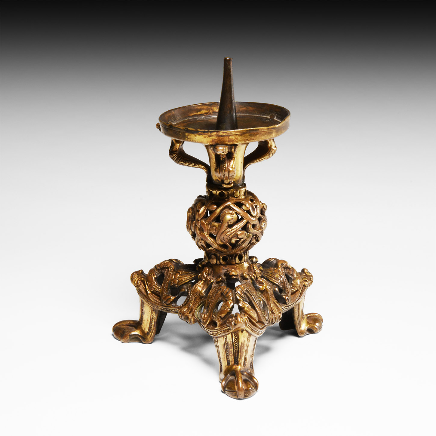 Medieval Style Gilt Openwork Candlestick with Figures
